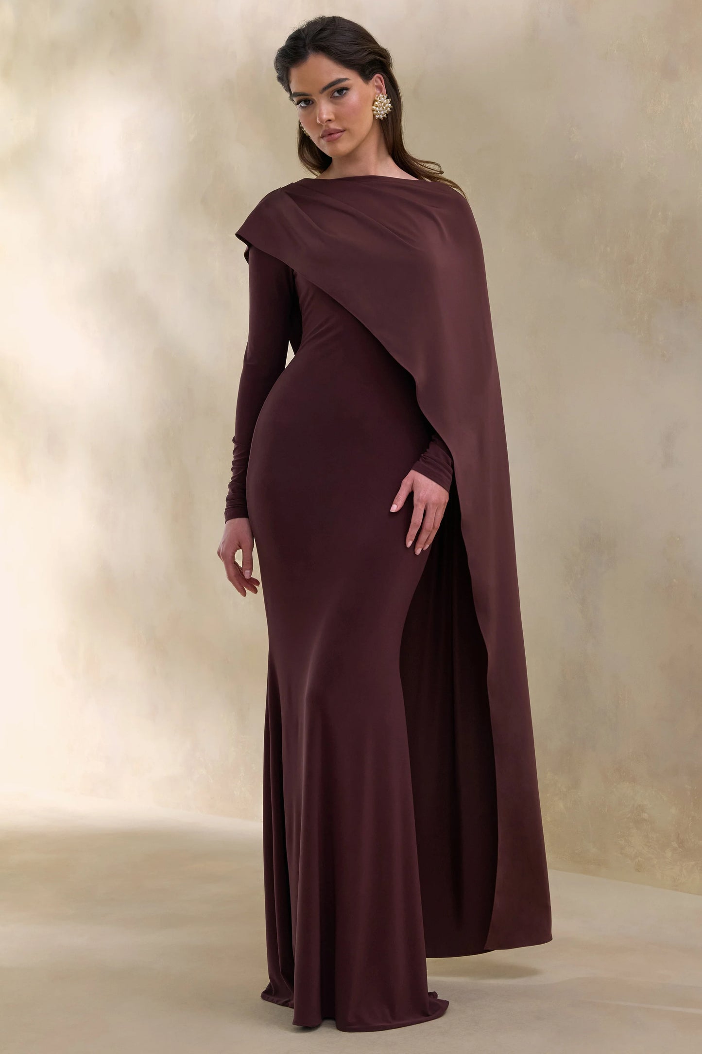Salenne Brown Wide-Neck Maxi Dress With Satin Asymmetric-Cape