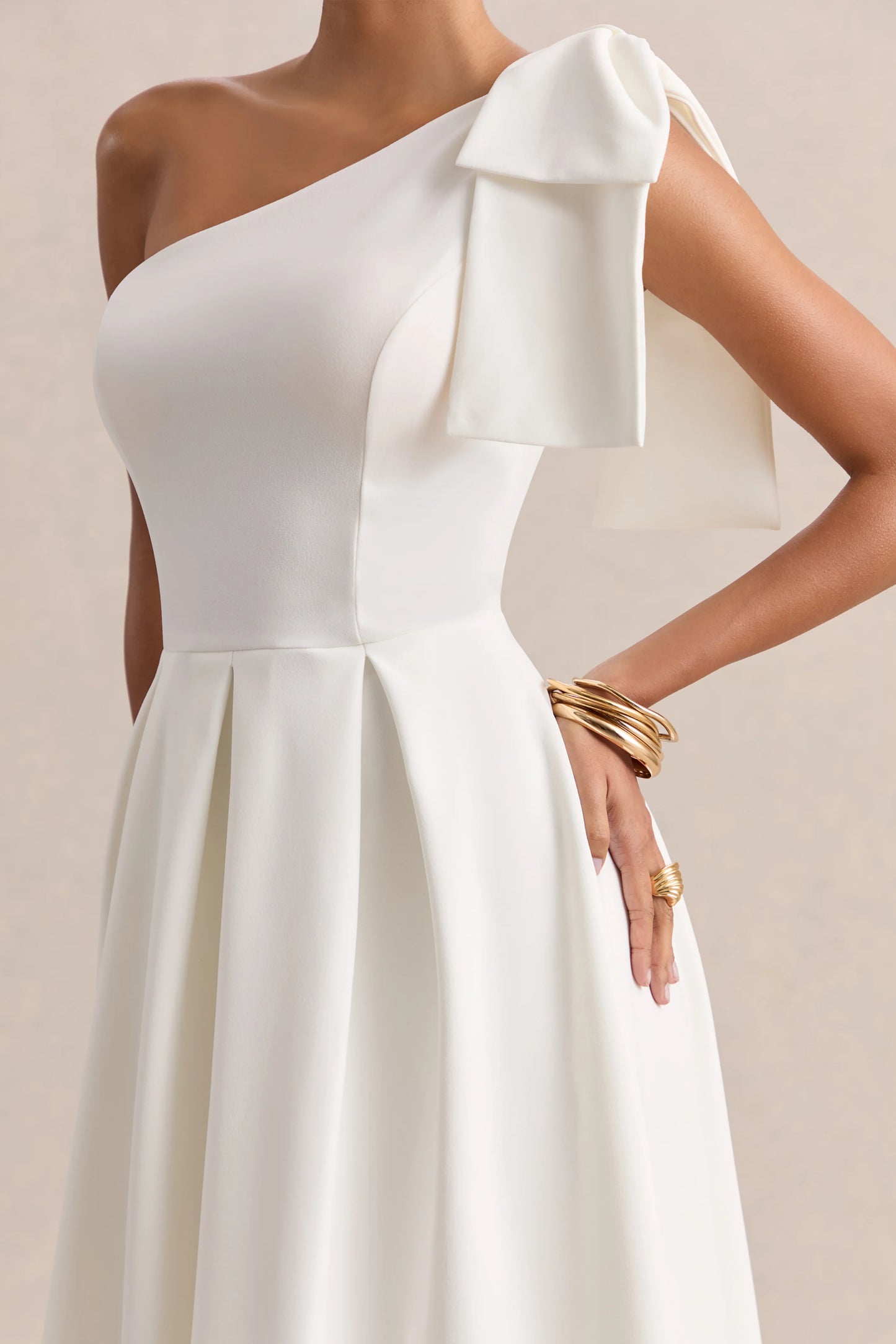 Meria White Asymmetric-Neck Midi Dress With Bow-Sleeve