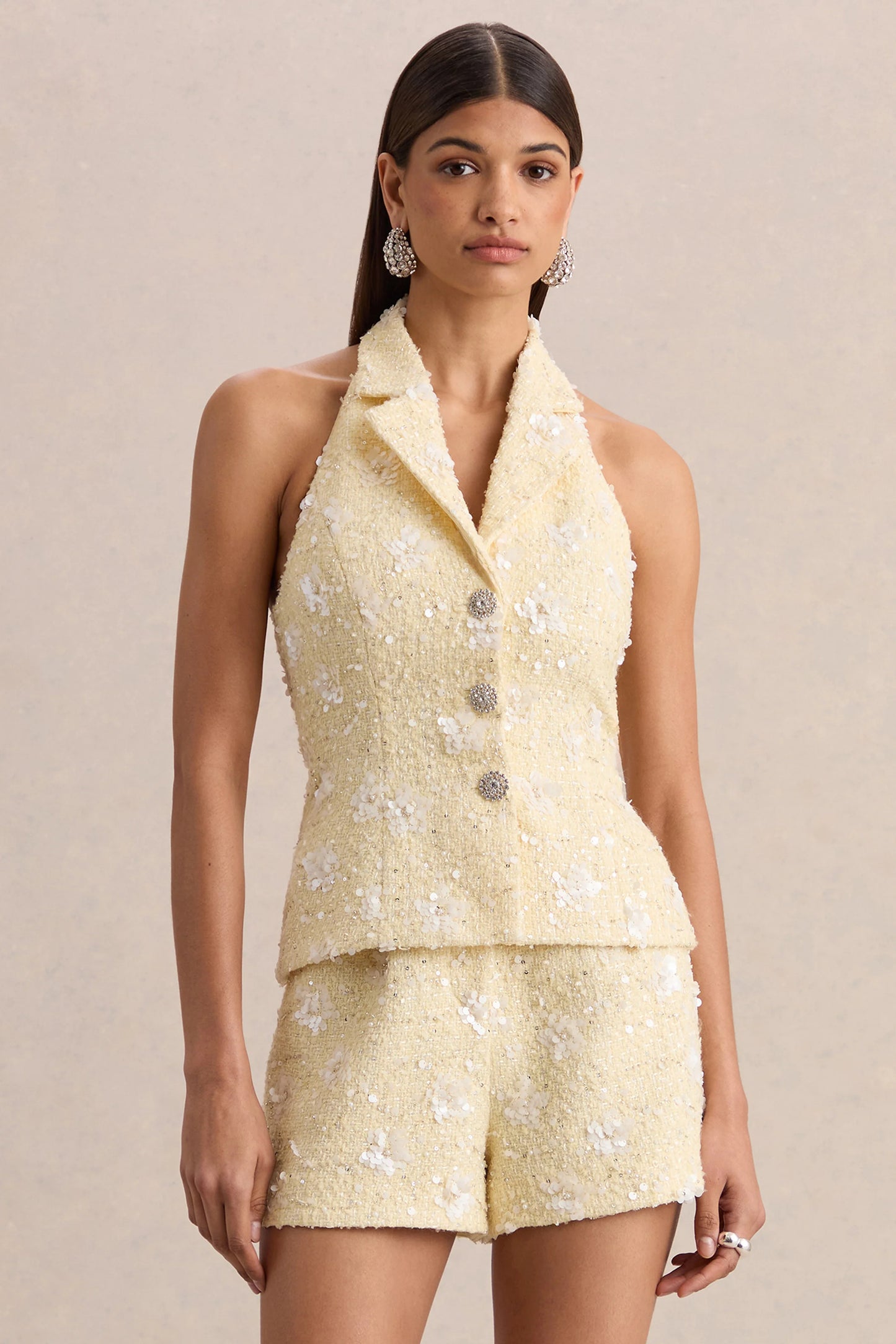 Alba Lemon Boucle Plunge-Neck Crop-Top