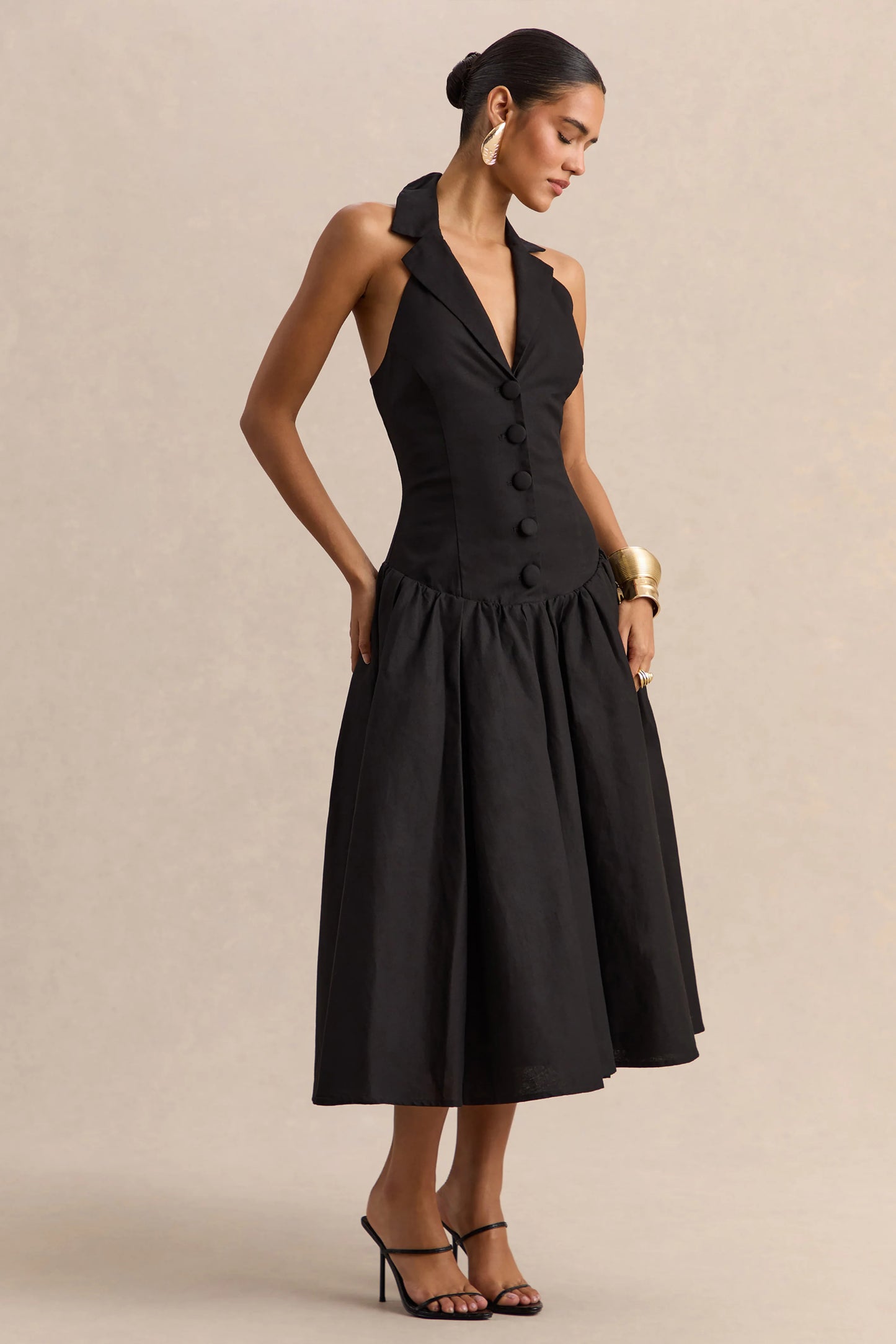 Ella Black Plunge-Neck Midi Dress With Drop-Waist