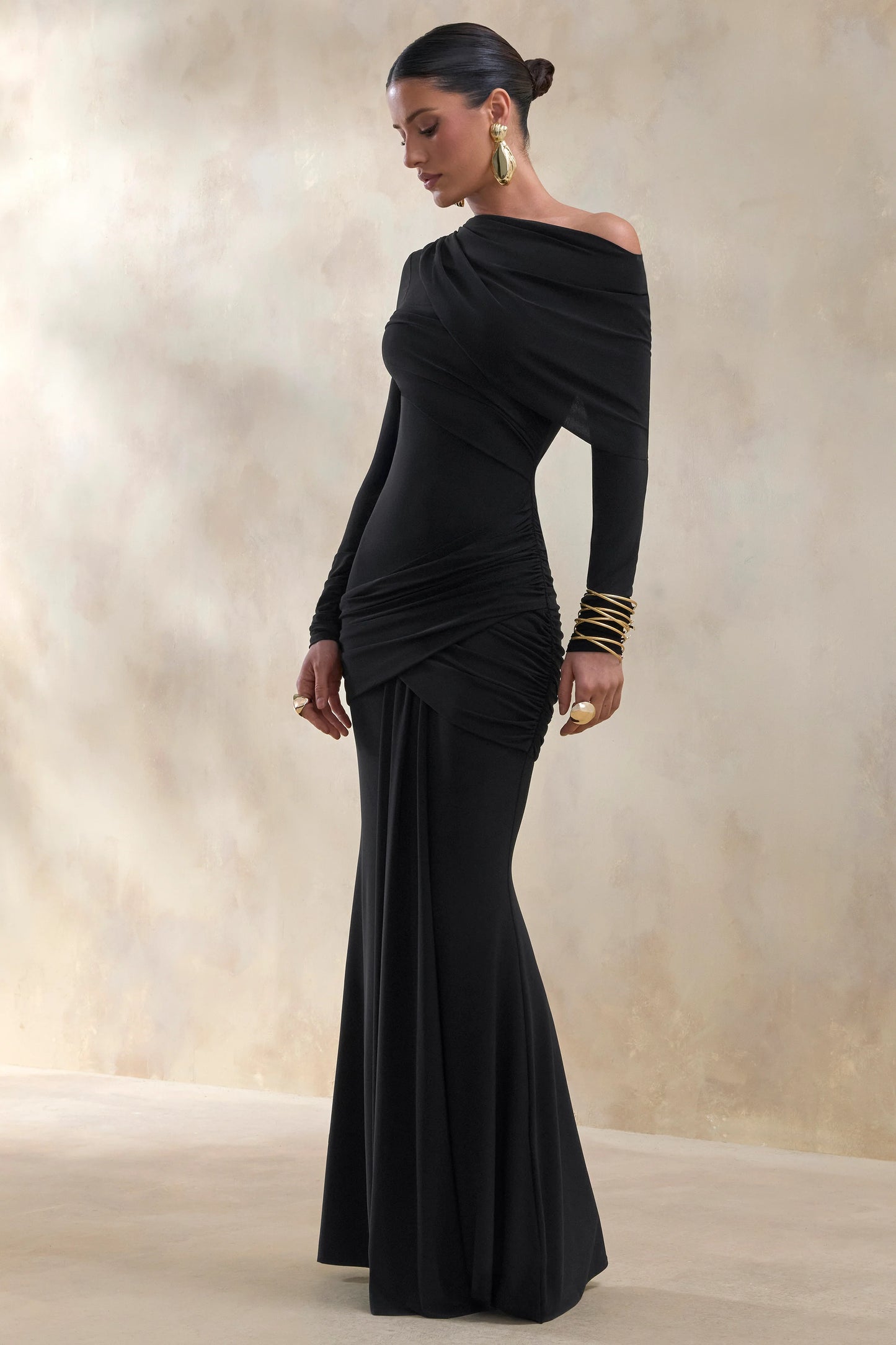Kessara Black Asymmetric-Neck Maxi Dress With Sash And Gathered-Detailing