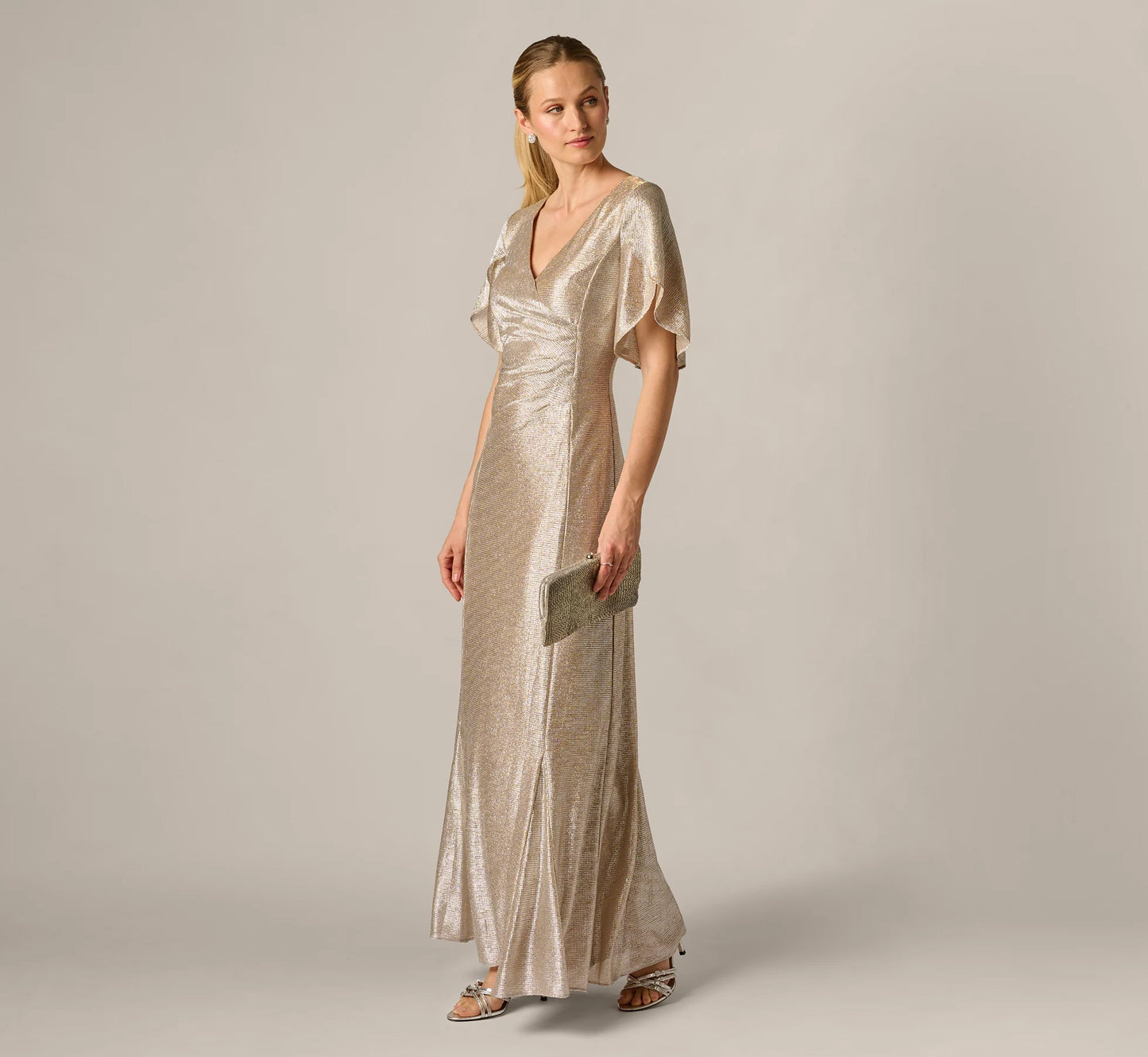 Metallic Flutter Knit Gown In Alabaster