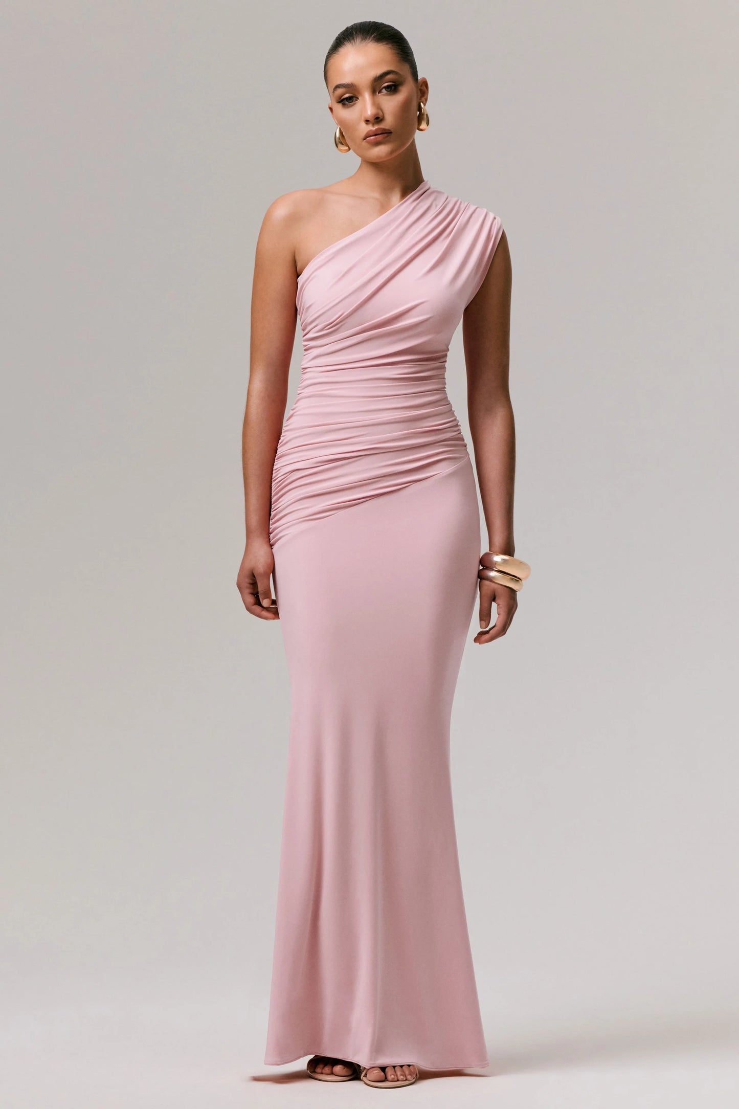Mardi Pink Asymmetric Maxi Dress With Ruching