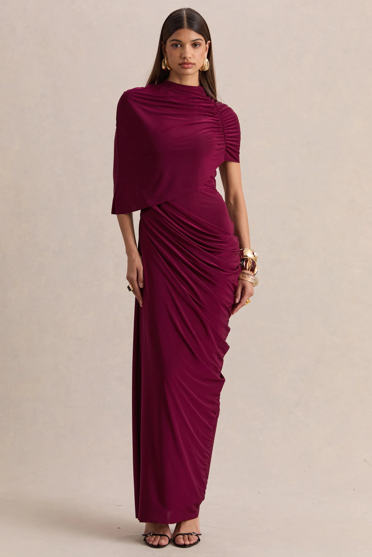 Lunaline Burgundy High-Neck Maxi Dress With Asymmetric Cape And Draped-Detailing
