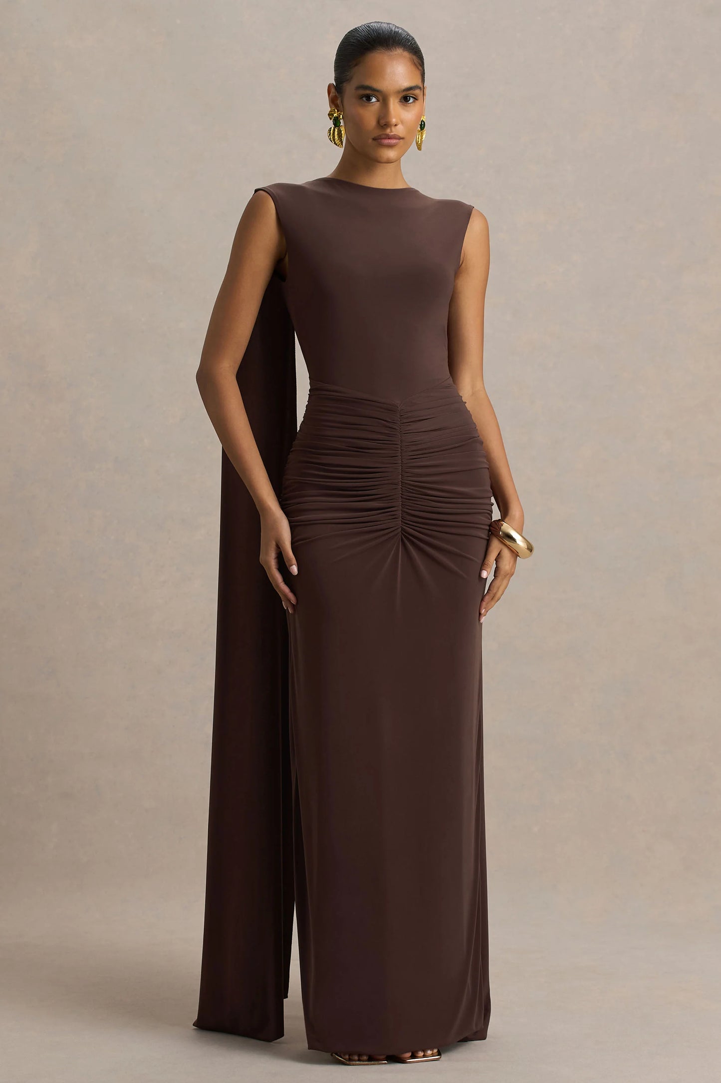 Premiere Brown Boat-Neck Maxi Dress With Cape Sleeves And Open-Back