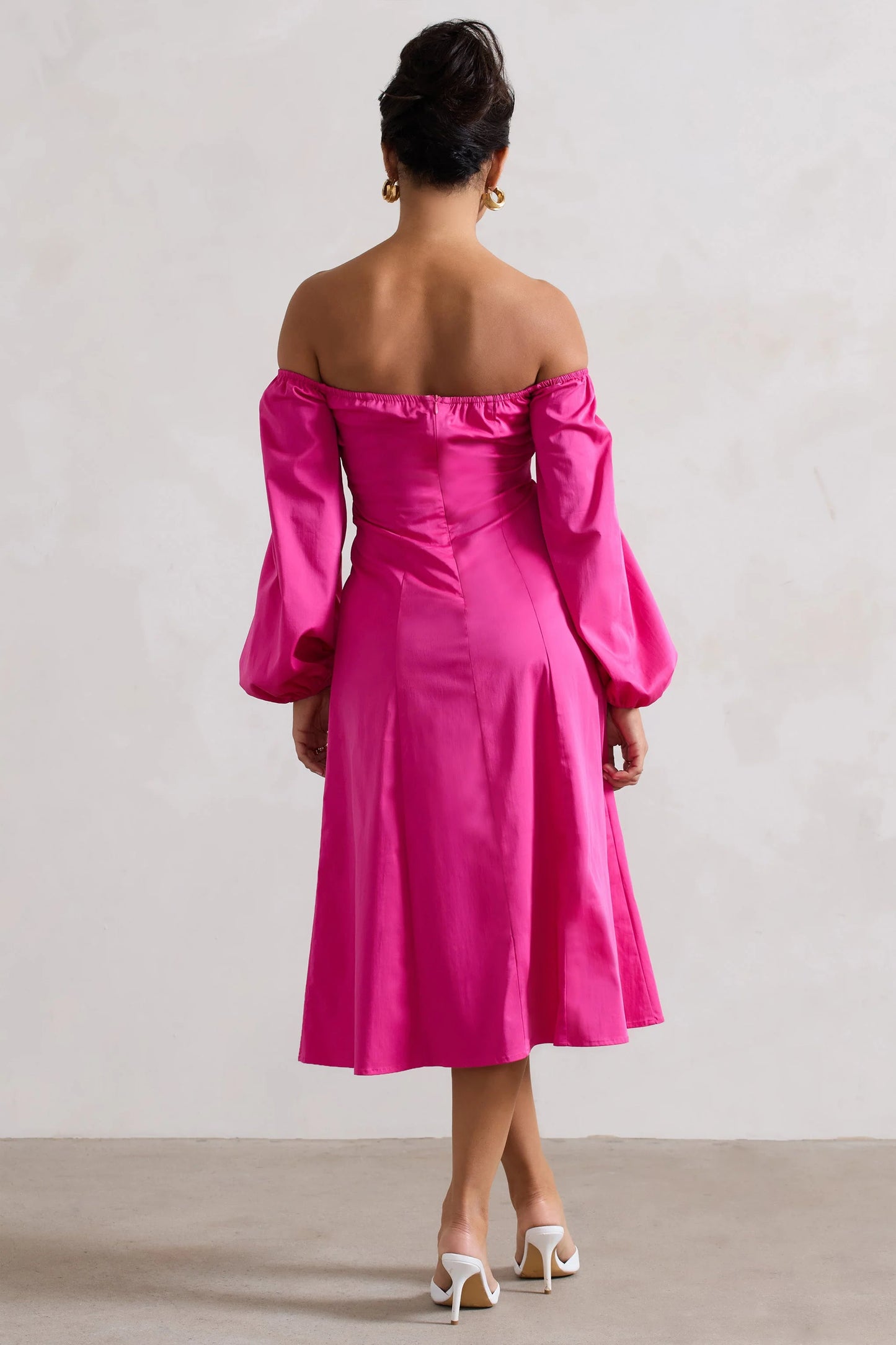 Santino Hot Pink Twisted Bardot Puff-Sleeve Midi Dress