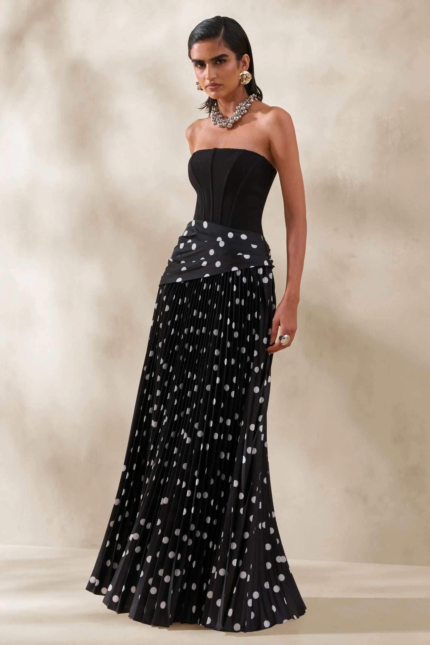 Valerisse Black And White Polka Dot Bandeau Maxi Dress