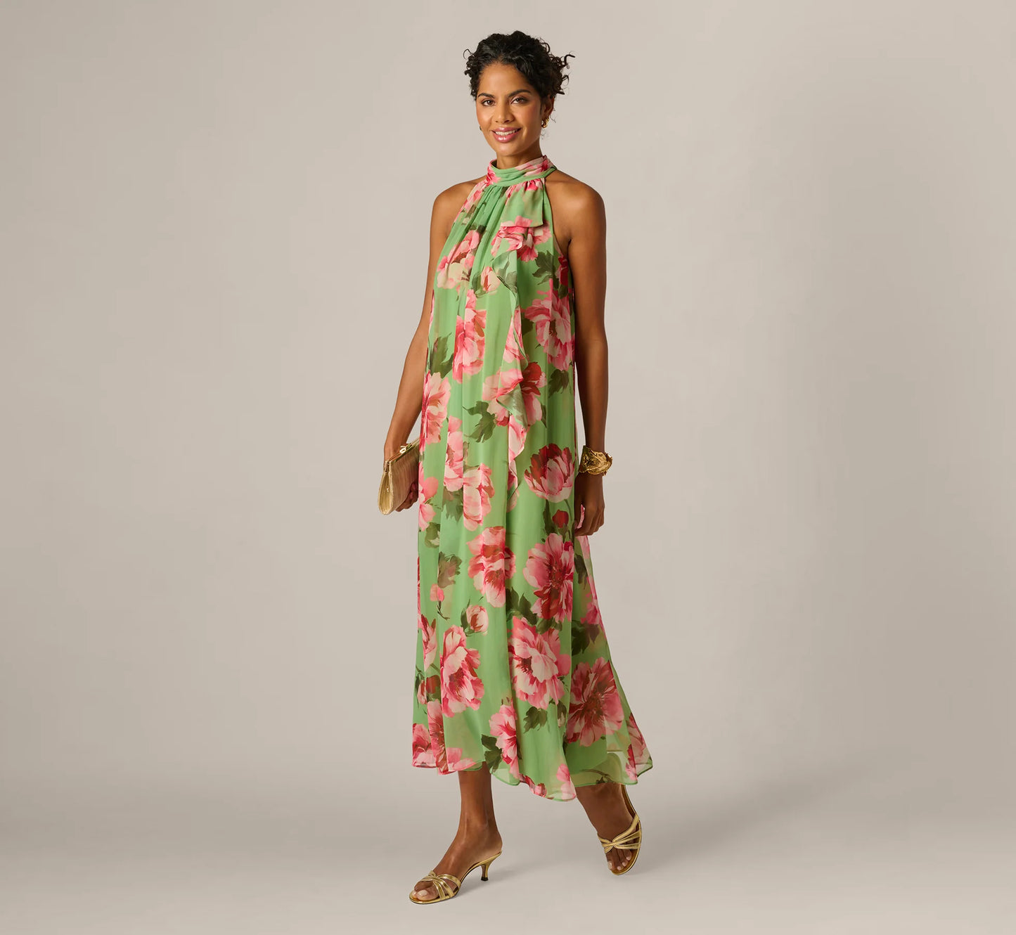 Draped Floral Chiffon Halter Trapeze Gown In Lime Multi