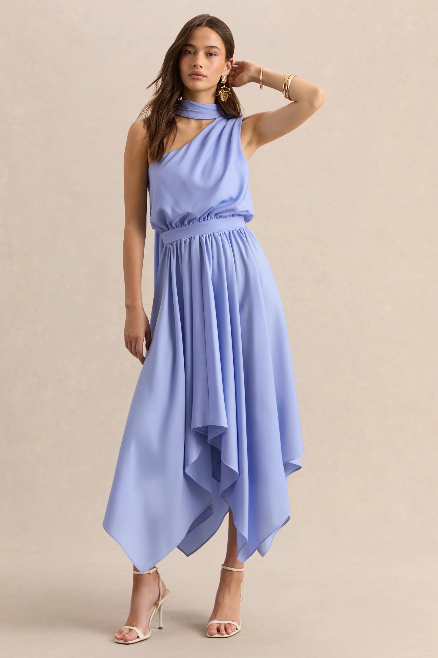 Caluna Powder Blue Satin Asymmetric-Neck Midi Dress With Scarf-Detail