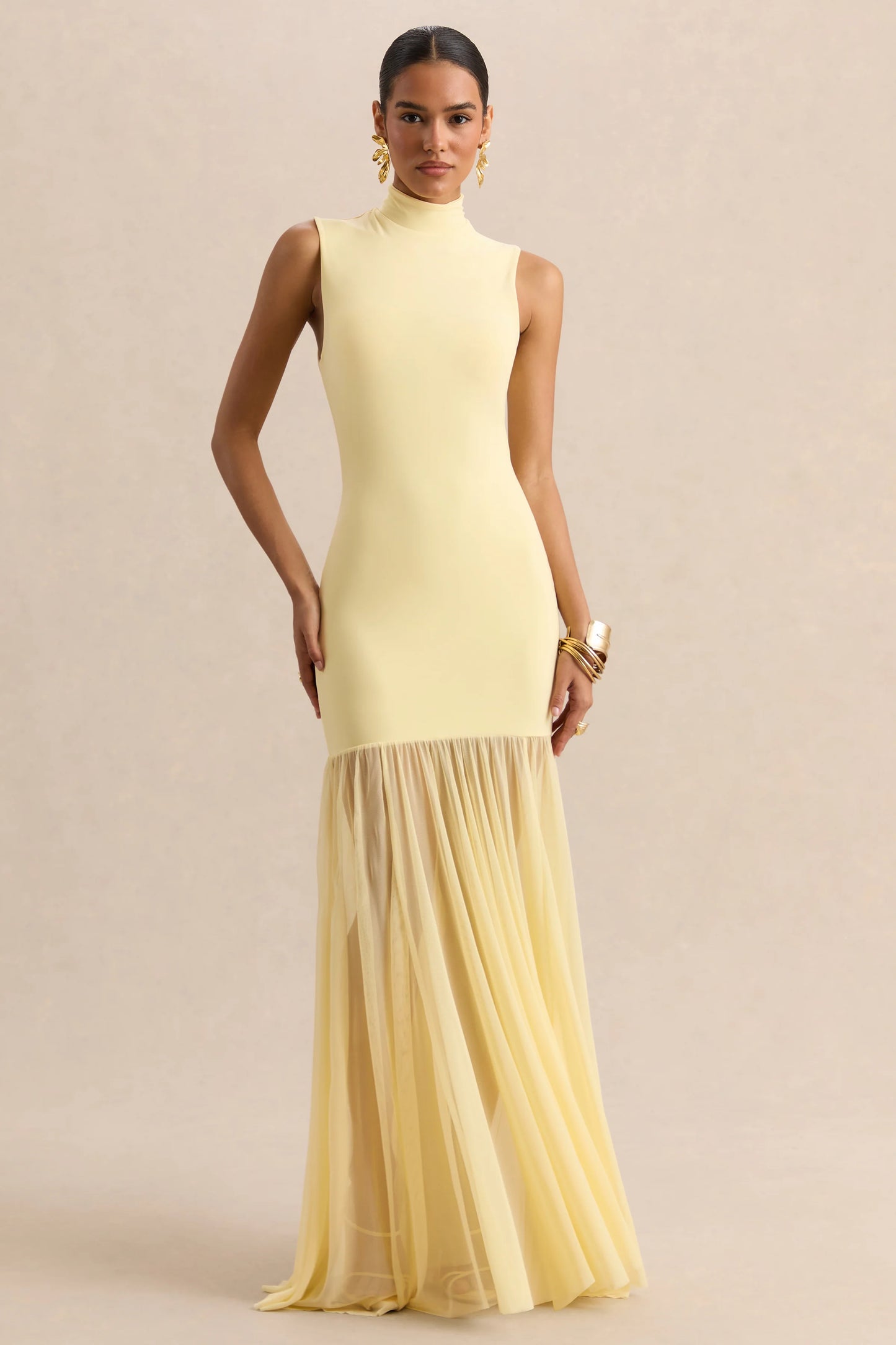 Felina Lemon High-Neck Maxi Dress With Sheer-Skirt