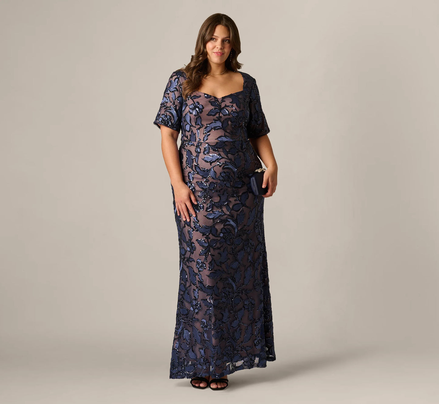Plus Size Short Sleeve Floral Sequin Stretch Mesh Gown In Navy Rosegold