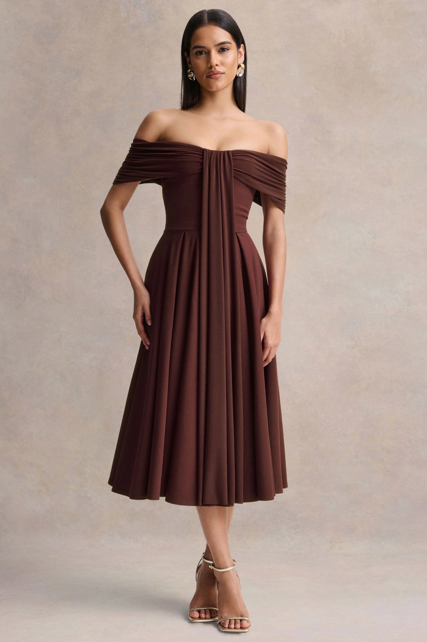 Dearest Brown Bardot-Neck Midi Dress