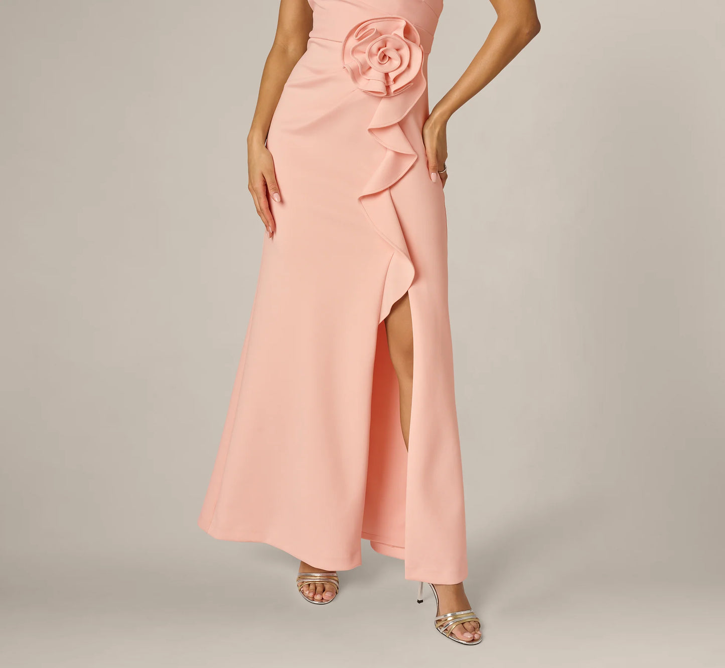 One Shoulder Stretch Rosette Gown In Blush Whisper