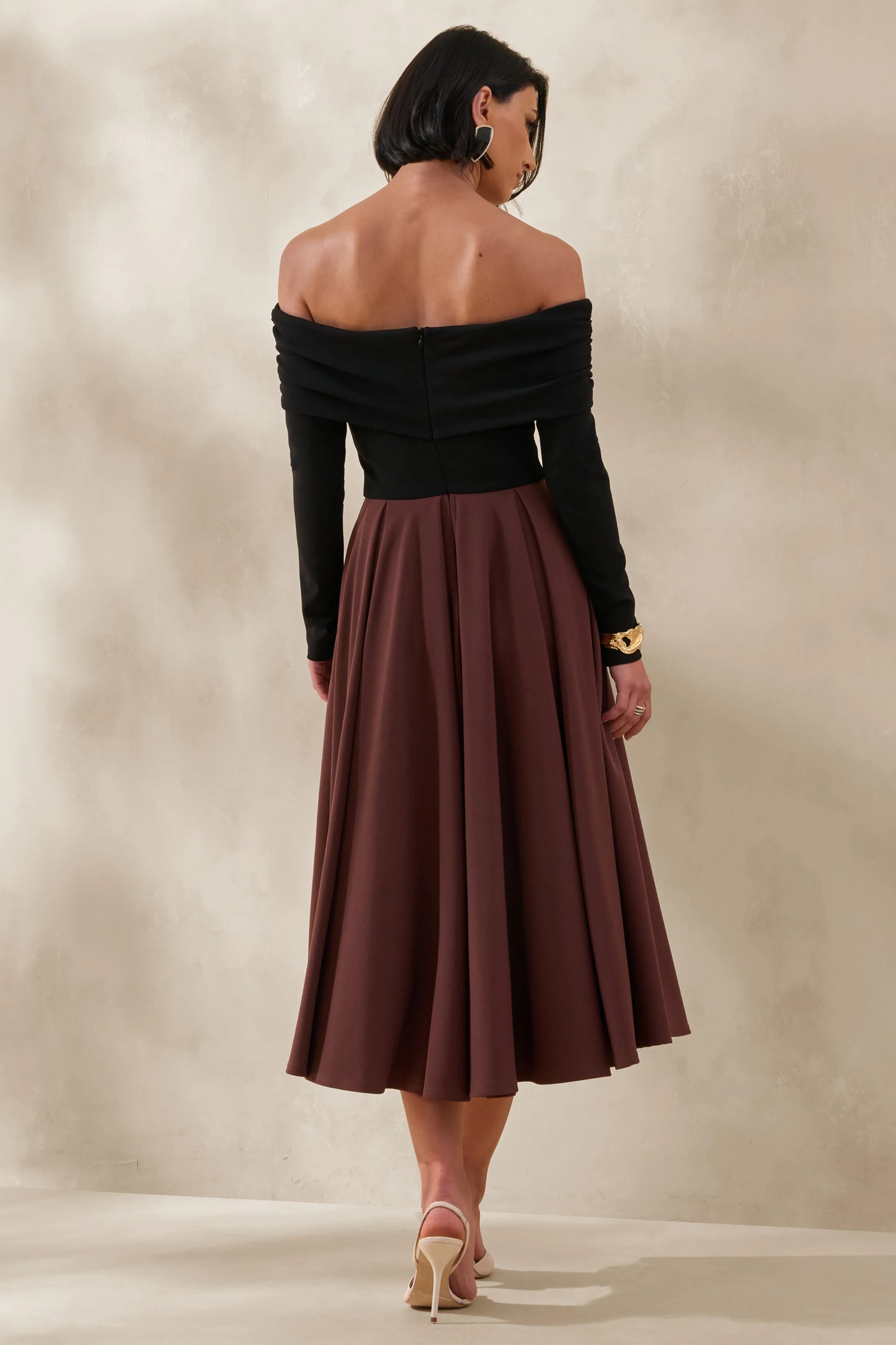 Frederica Black And Brown Bardot-Neck Midi Dress