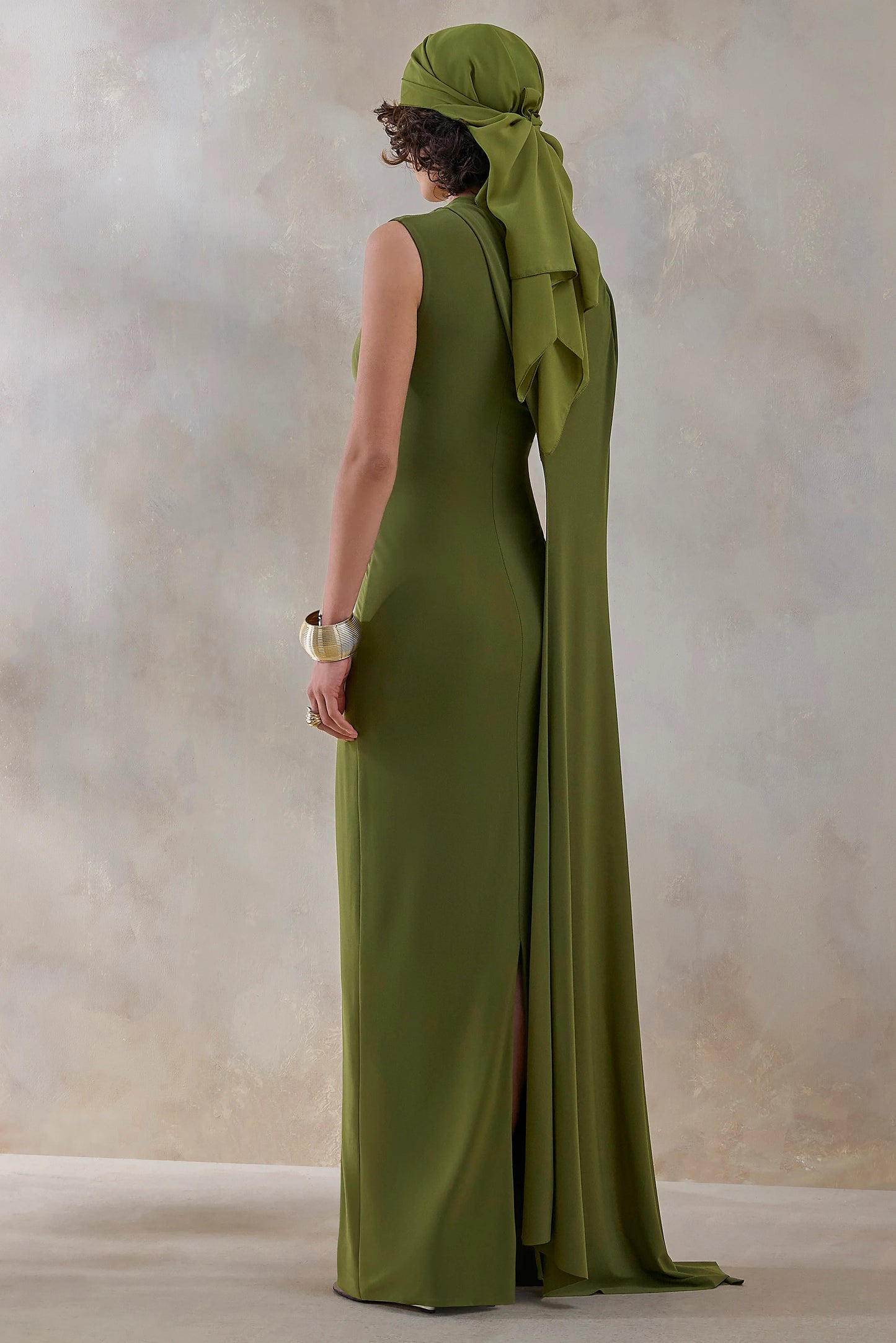 Isdelia Green Asymmetric-Neck Maxi Dress With Cape-Sleeve