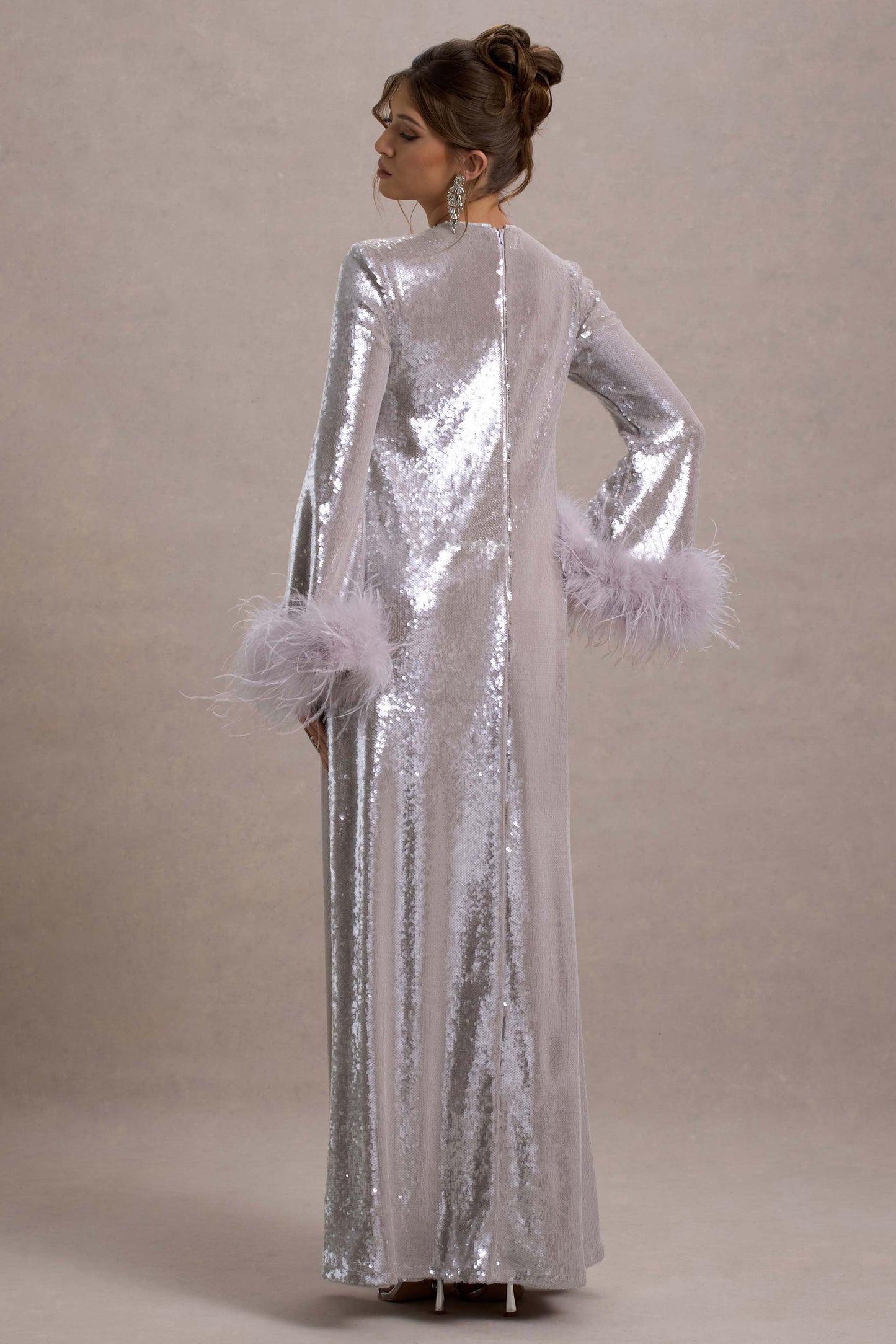 Tallie Lilac Sequin Maxi Dress With Feather Trim
