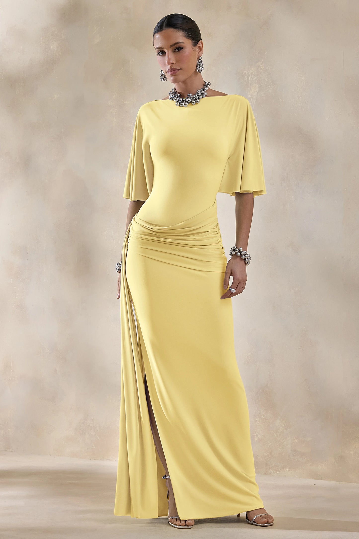 Emerelle Lemon Wide-Neck Maxi Dress With Sash And Draped-Detailing