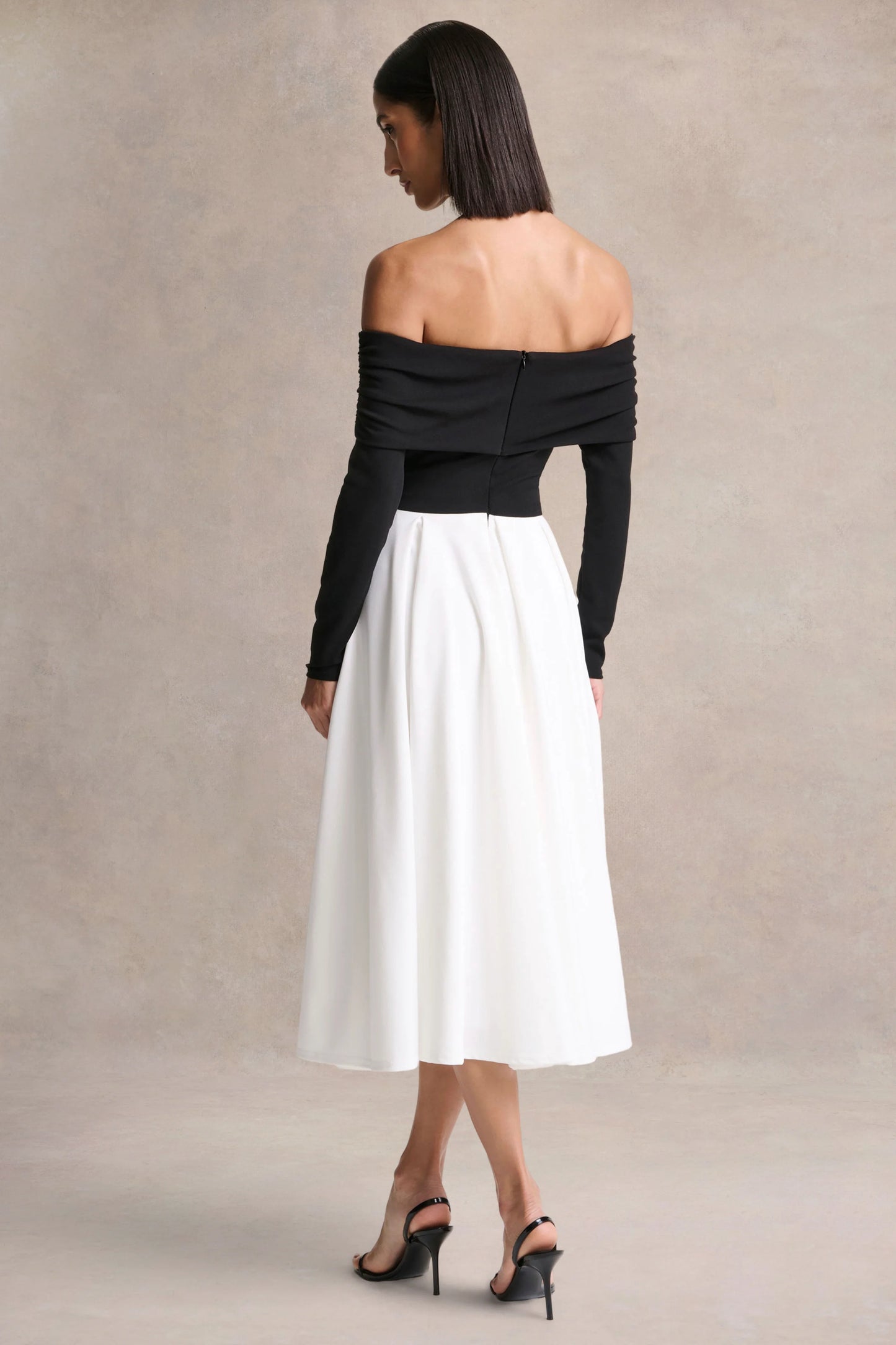 Frederica Black And White Bardot-Neck Midi Dress