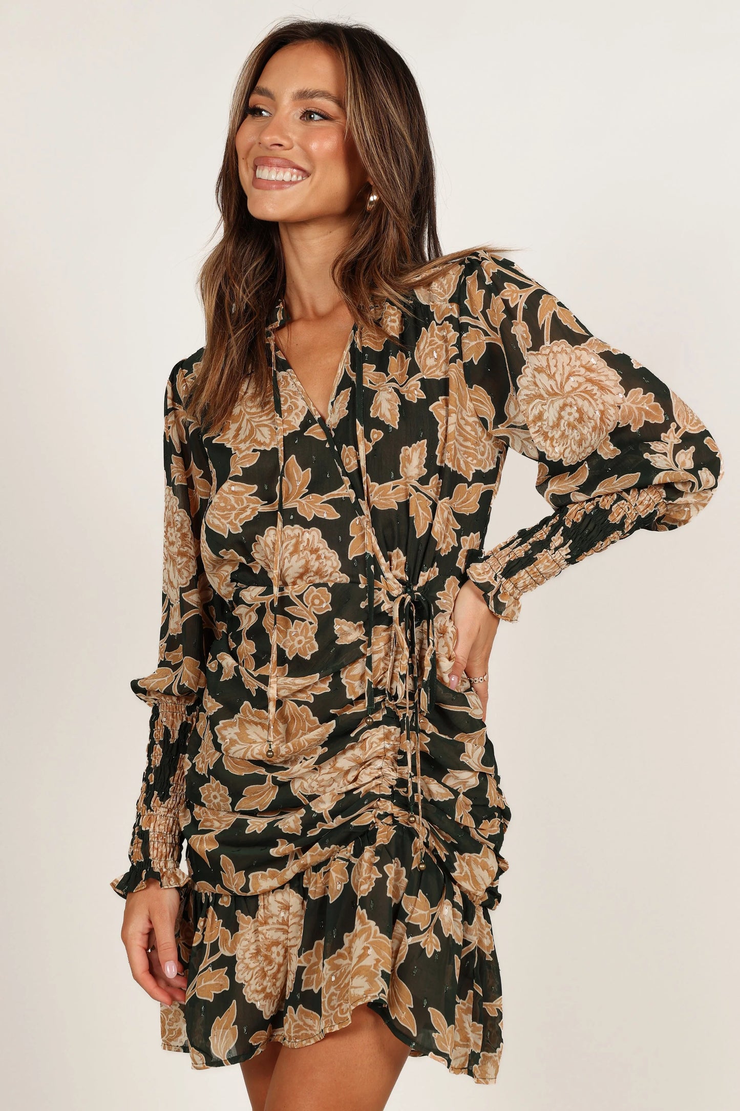 Micha Ruched High Neck Mini Dress - Pine/Gold