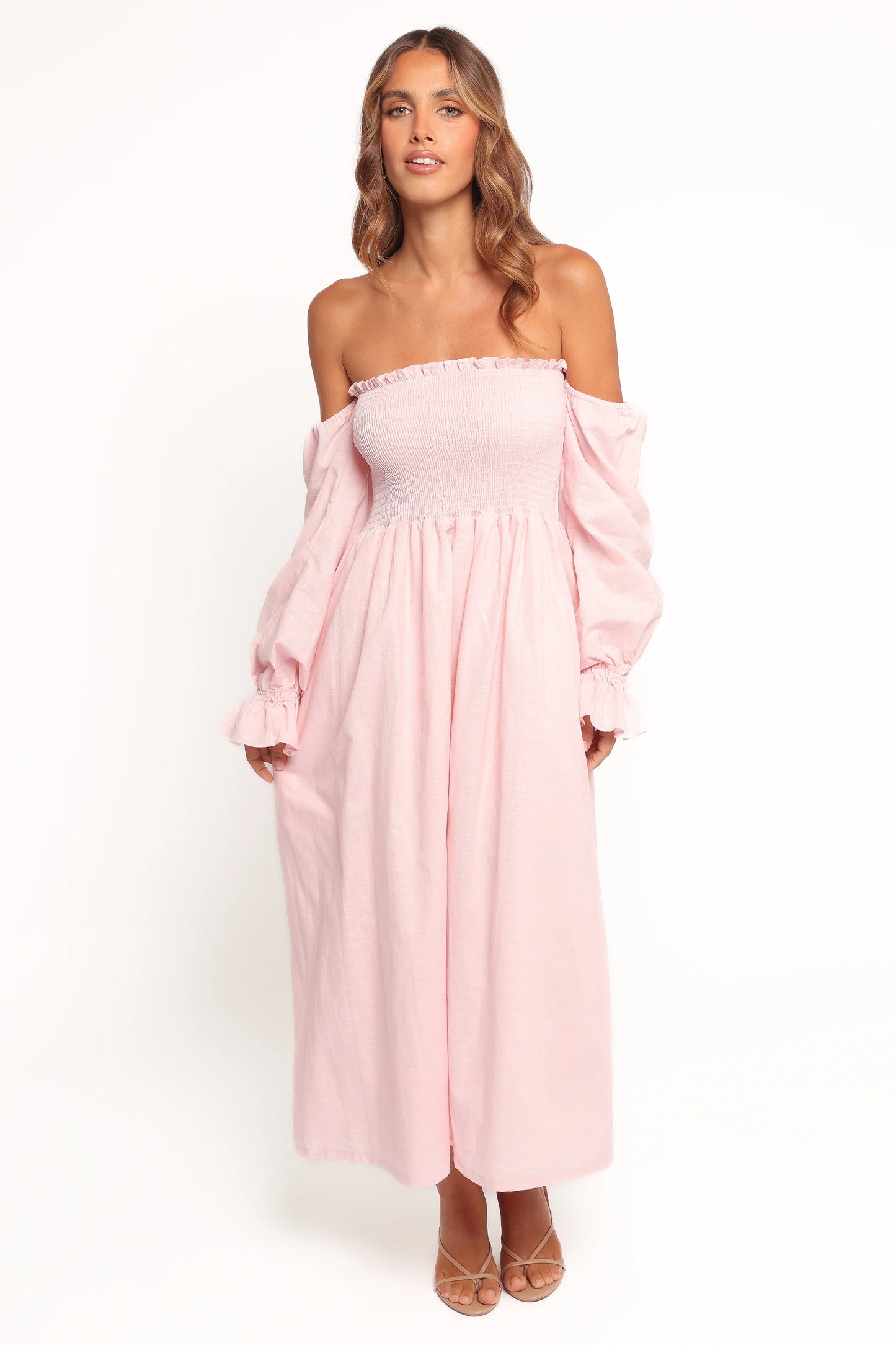 Domenica Shirred Long Sleeve Midi Dress - Pink