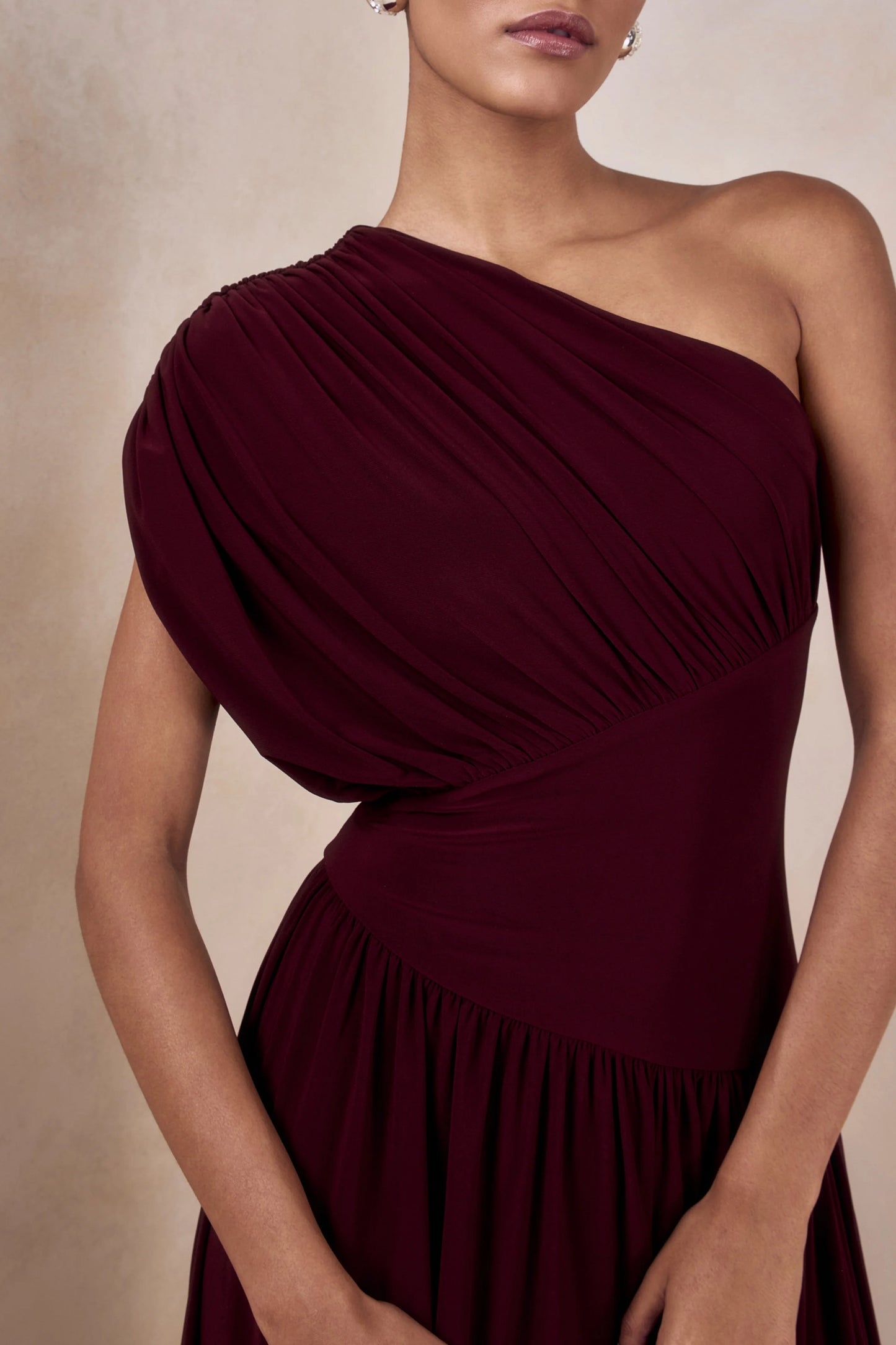 Kelsey Burgundy Asymmetric-Neck Maxi Dress With Ruched Detailing