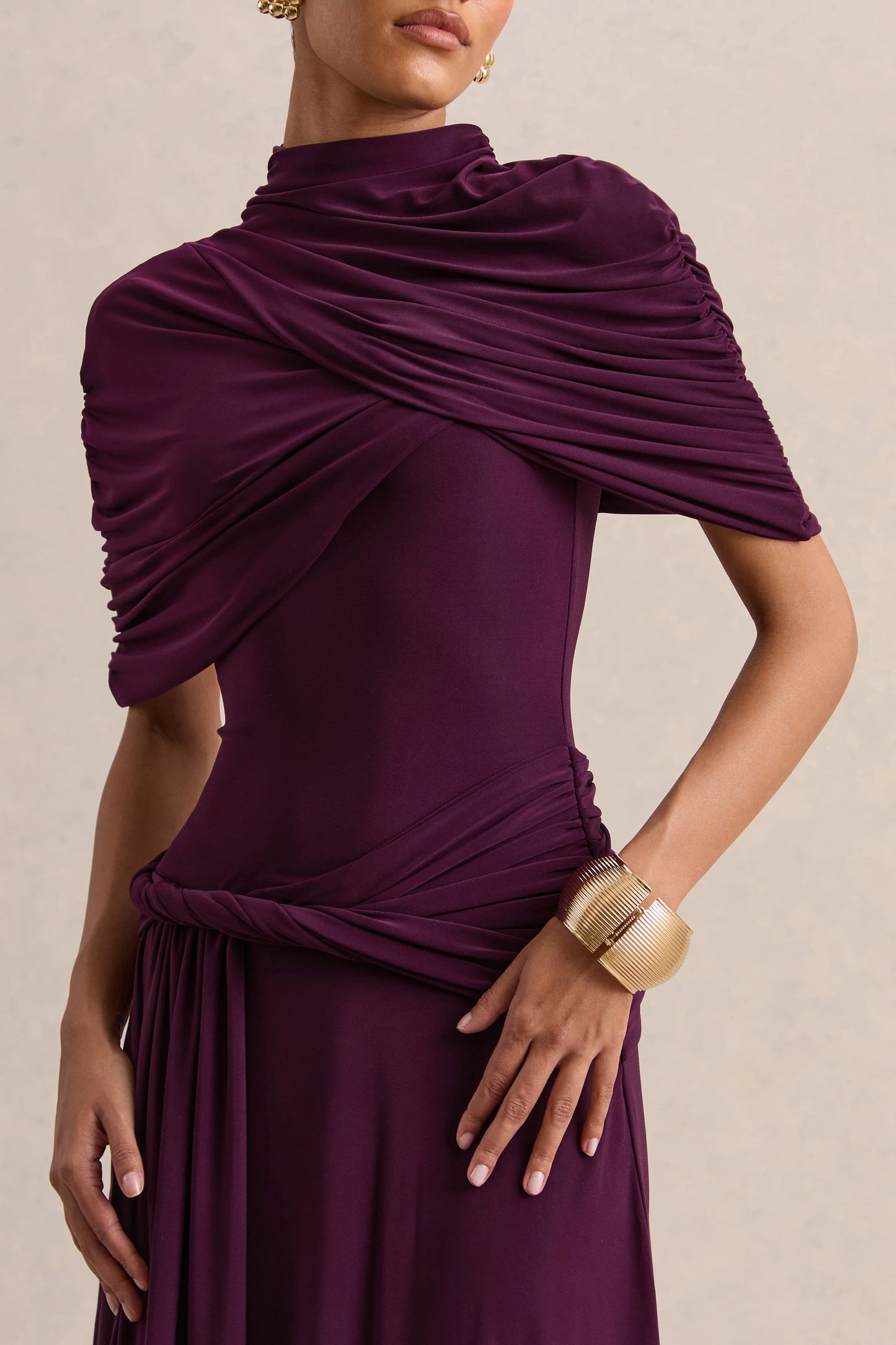 Evelisse Plum High-Neck Maxi Dress With Short-Cape Sleeves