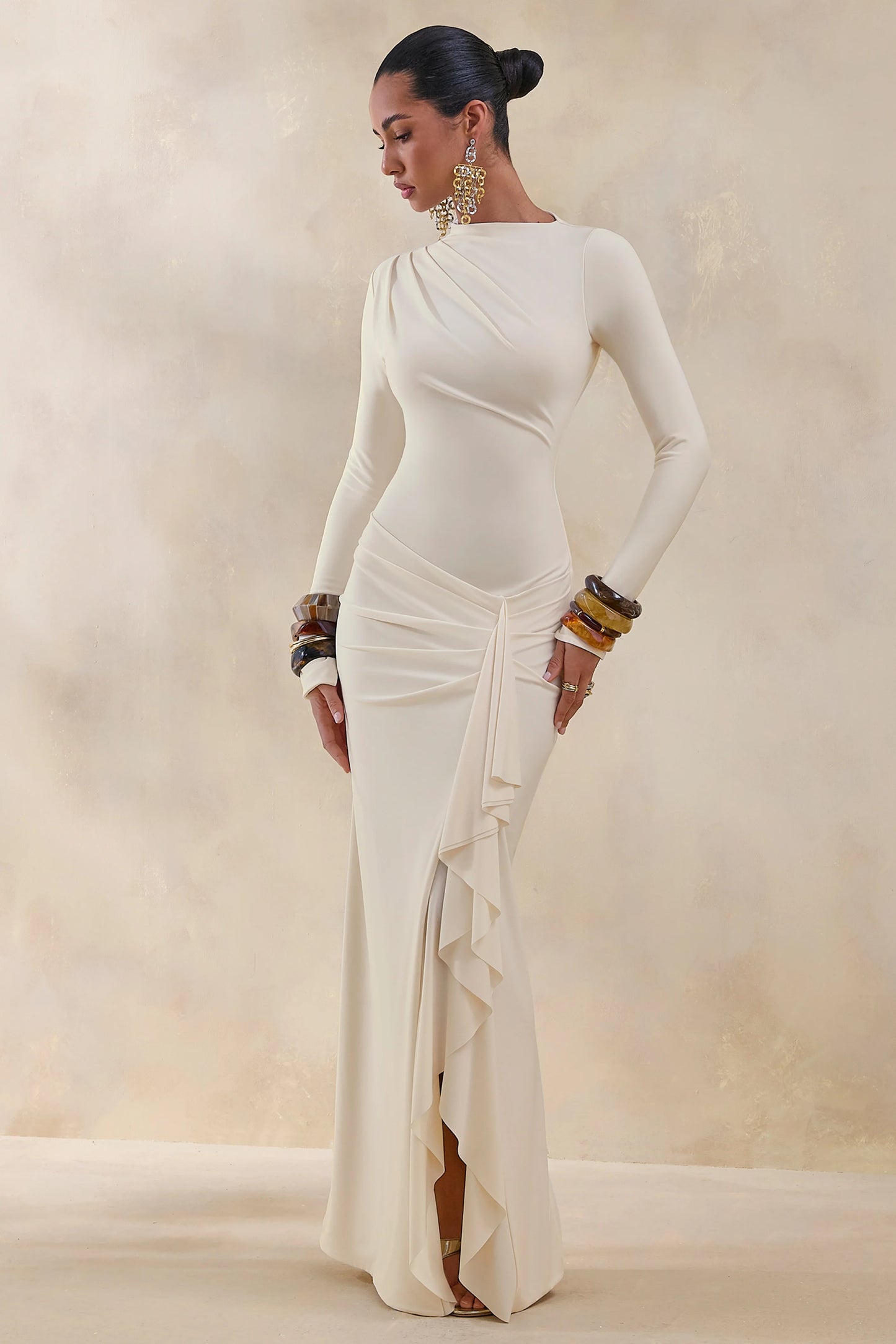 Karessa Cream High-Neck Maxi Dress With Gathered Detailing And Front-High Split