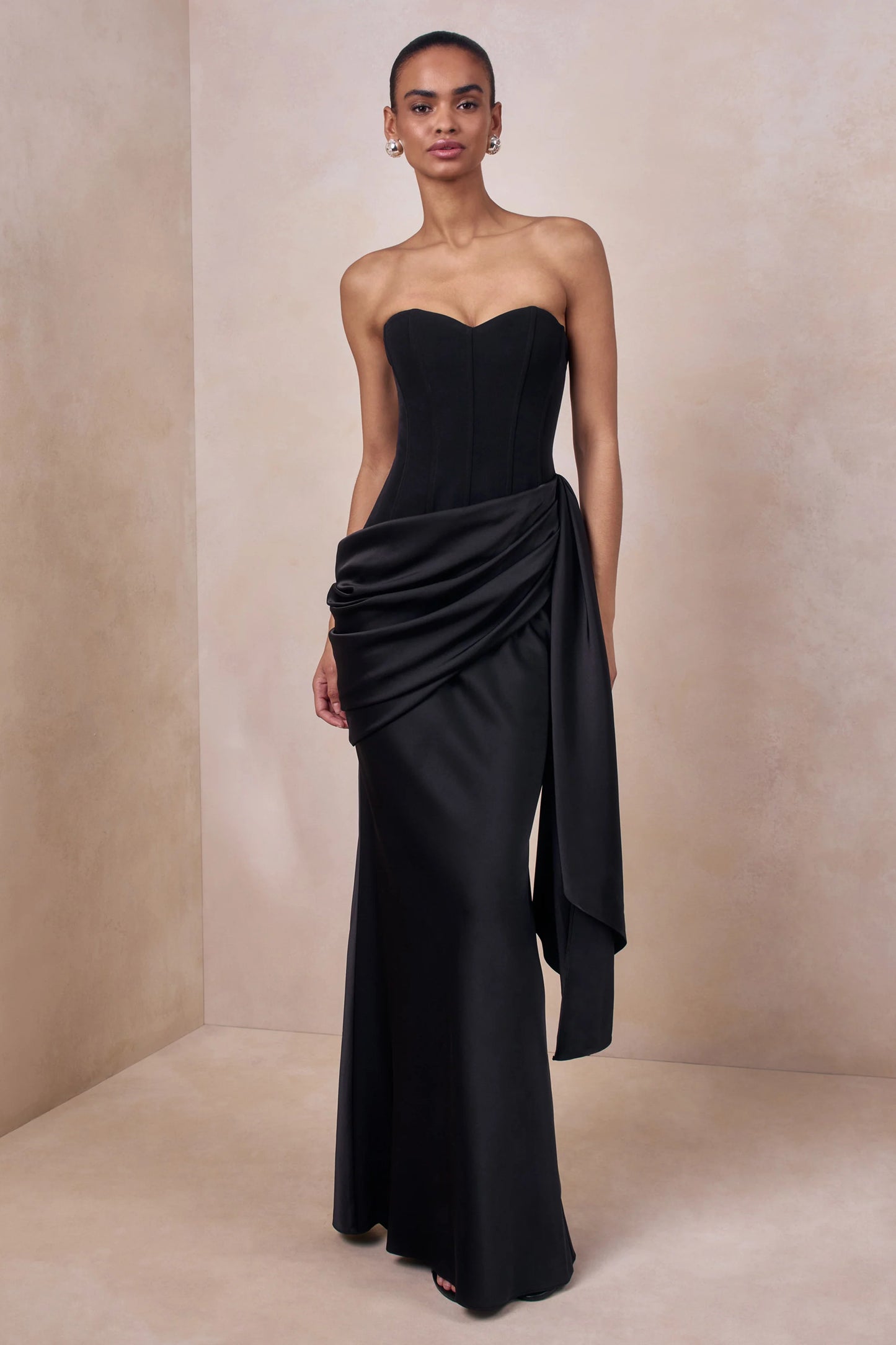 Nalira Black Satin Bandeau Maxi Dress With Draped Skirt