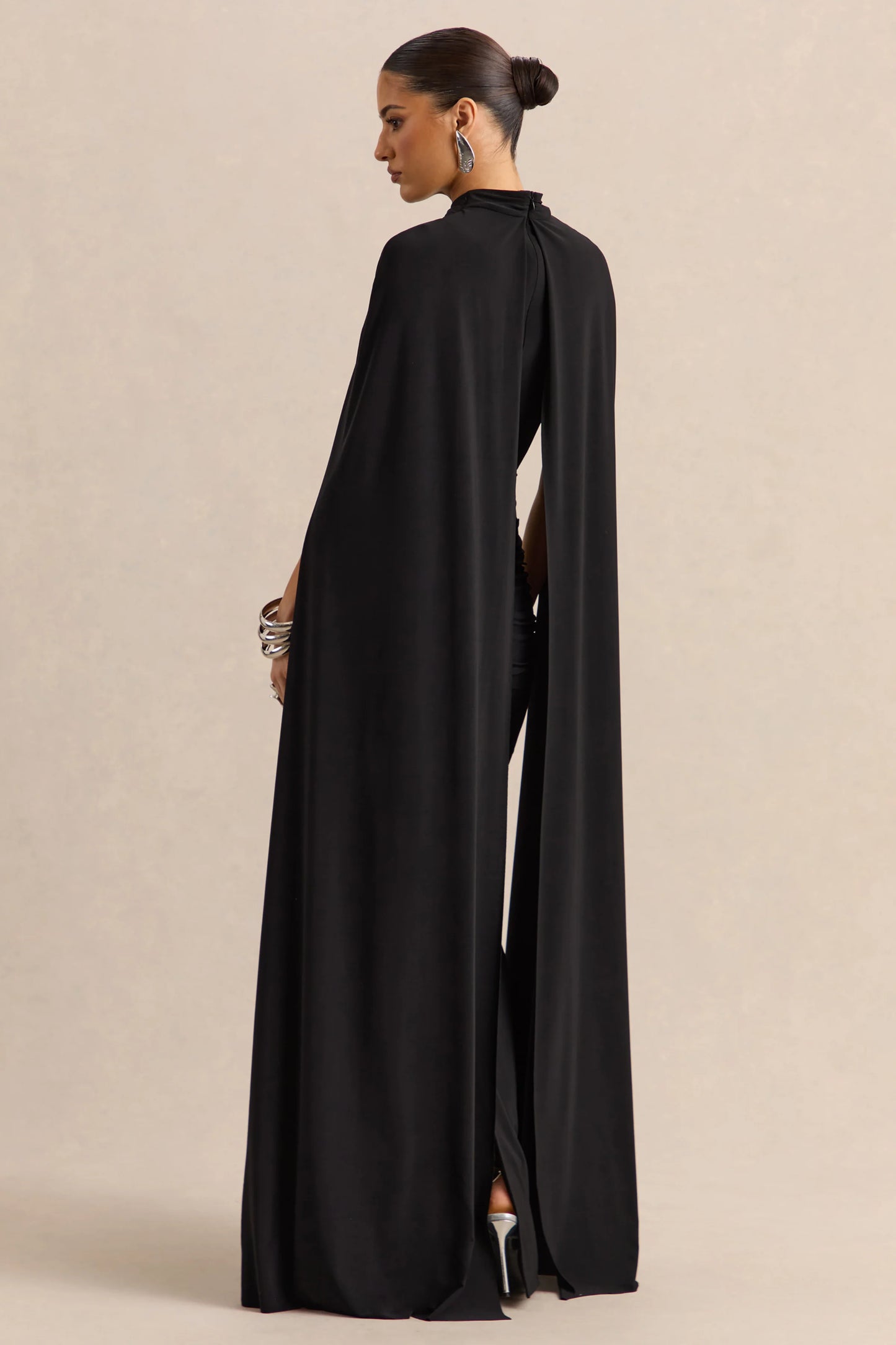 Dianelle Black High-Neck Maxi Dress With Cape-Sleeves