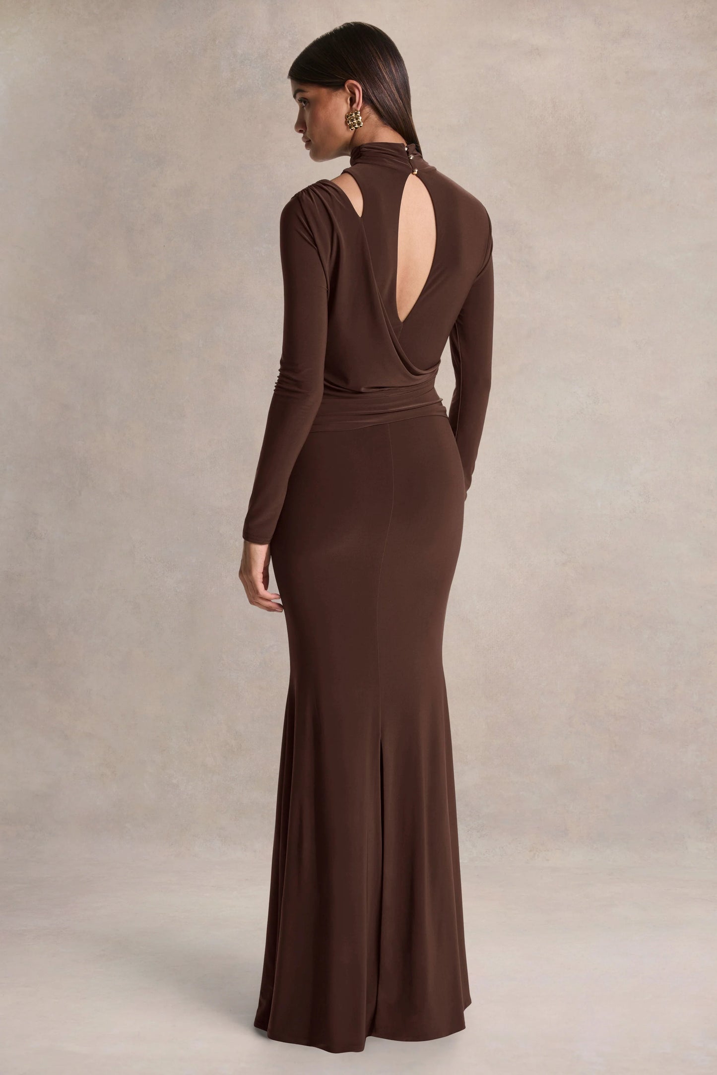 Alastrina Brown High-Neck Maxi Dress With Gathered-Detailing