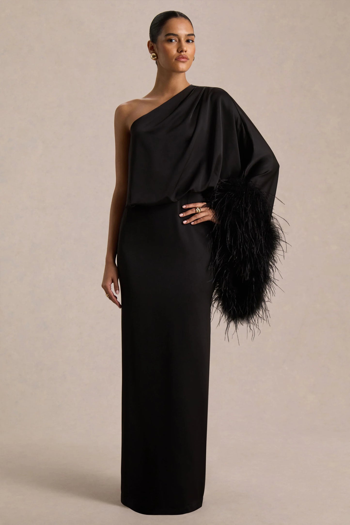 Felicity Black Satin Asymmetric-Neck Maxi Dress With Feather Detailing