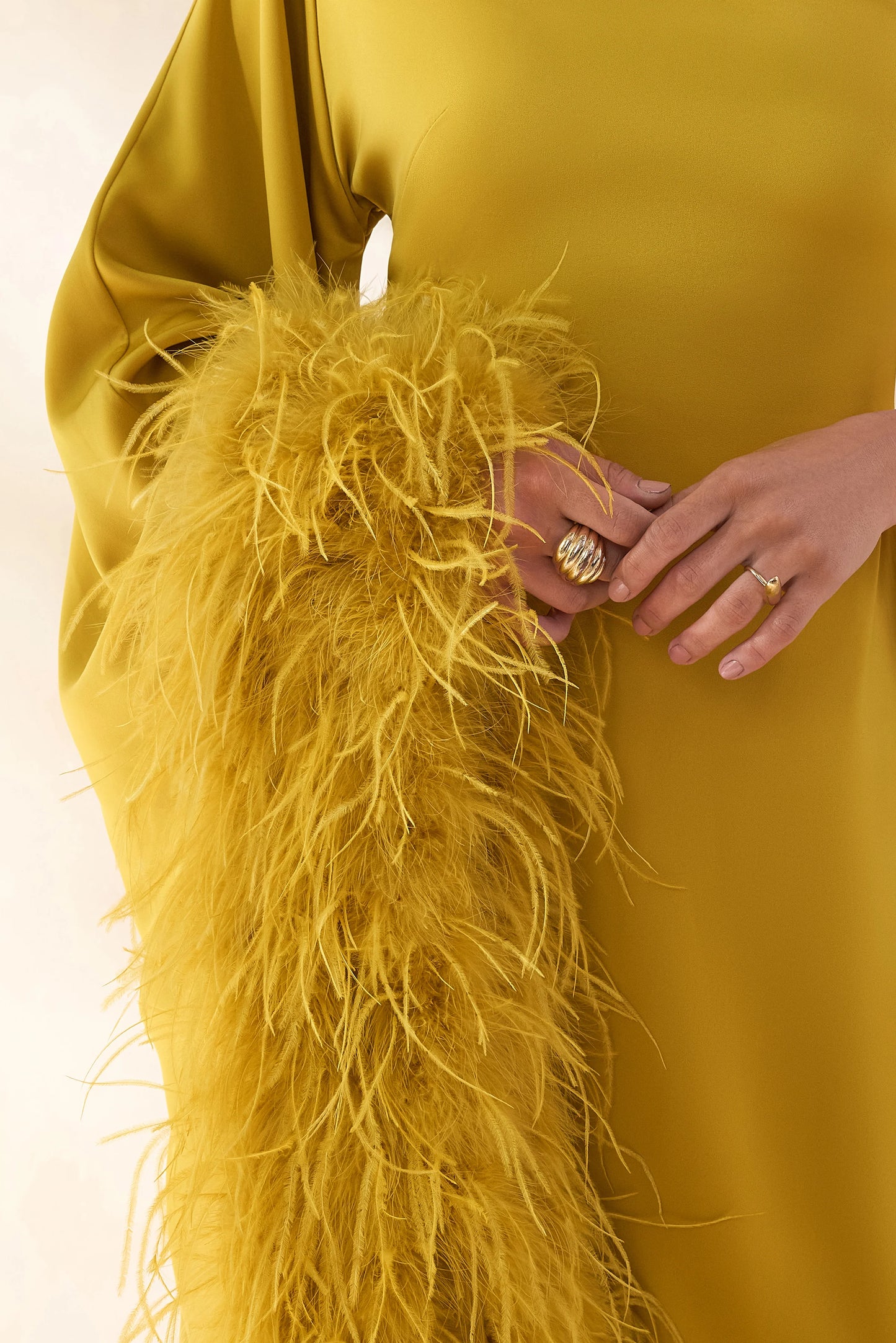 Destiny Yellow Satin Asymmetric-Neck Midi Dress With Feather Details