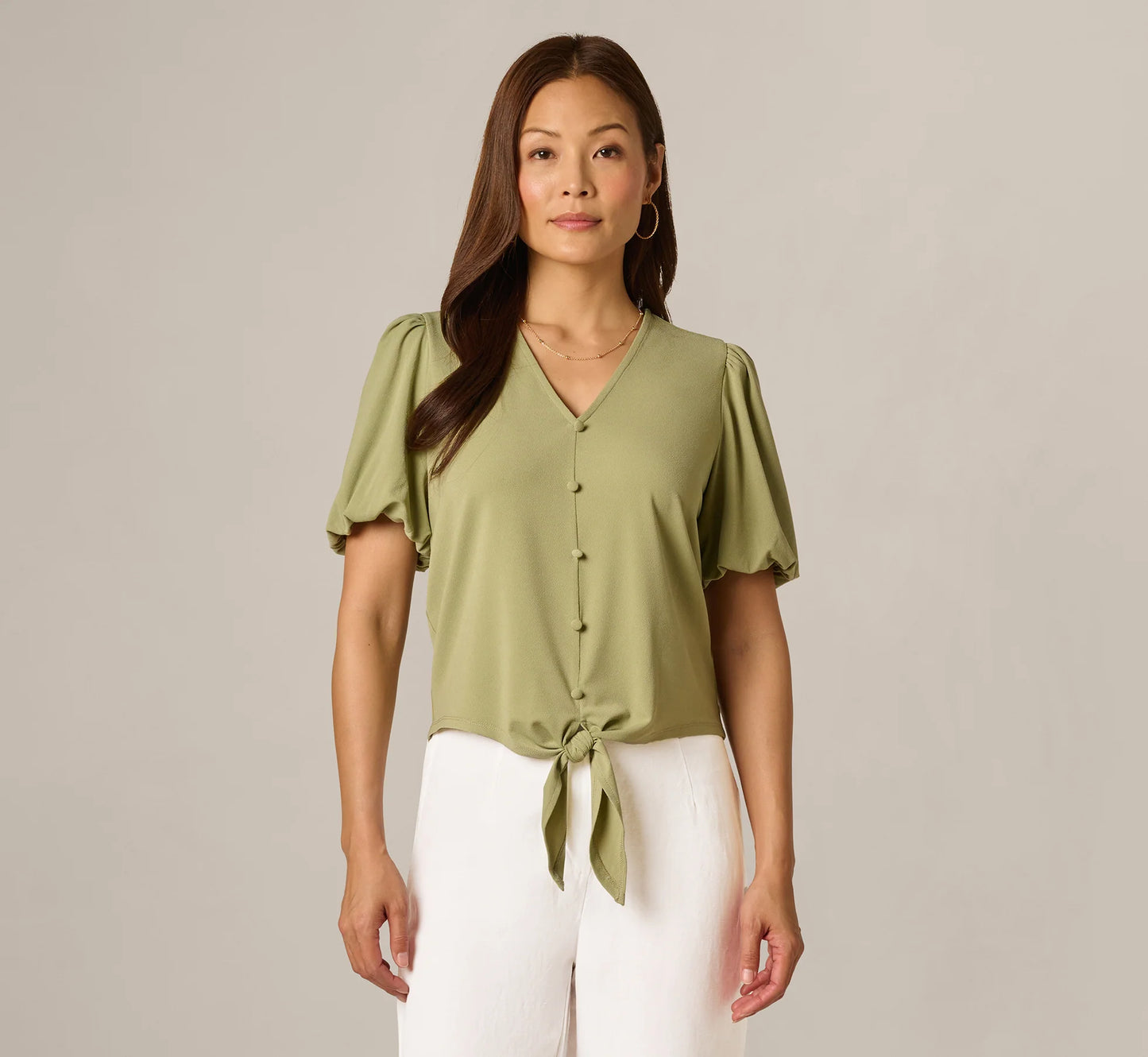 Short Sleeve Tie Waist Pullover Top In Oak Moss
