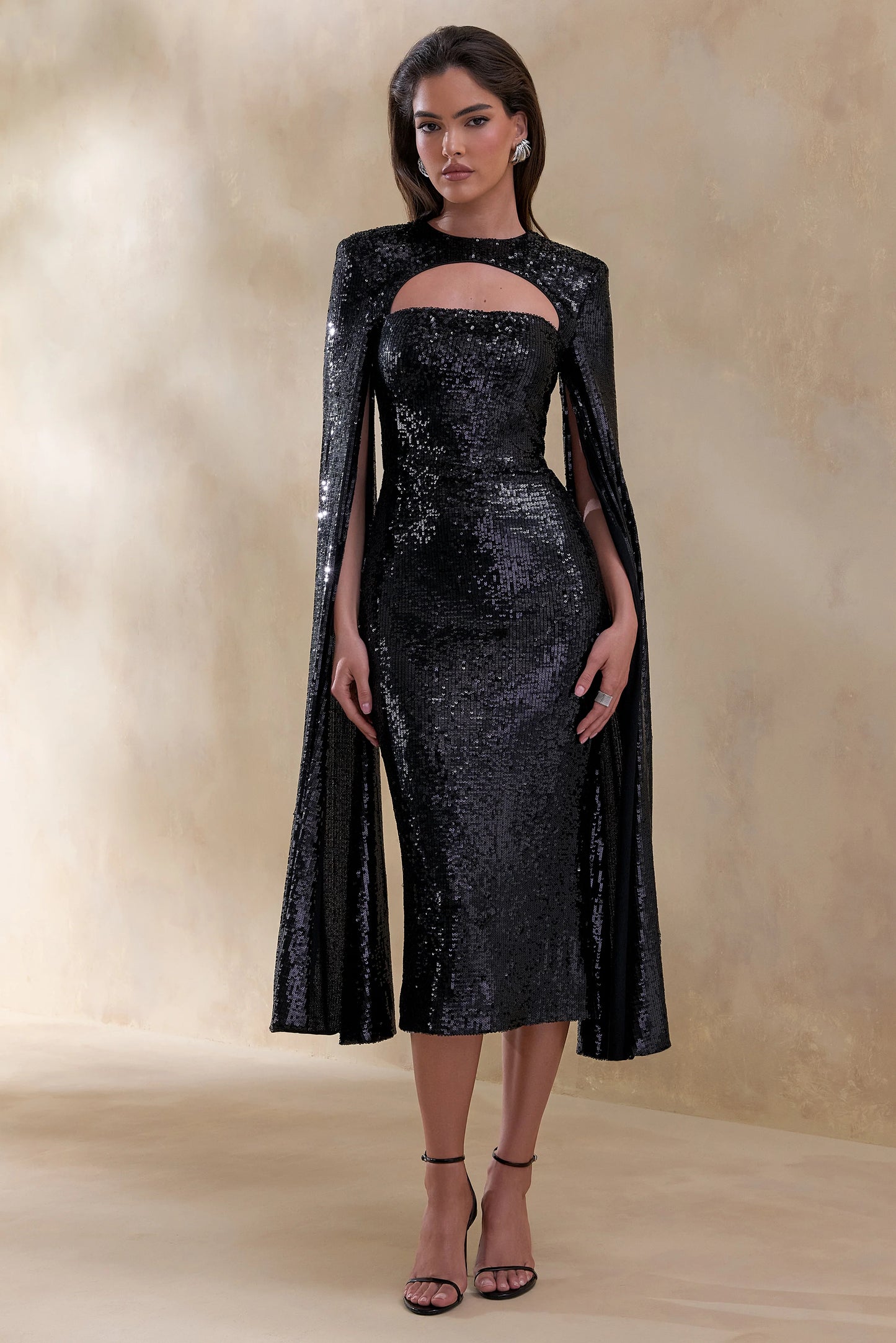 Adeline Black Sequin Crew-Neck Midi Dress With Cape Sleeves