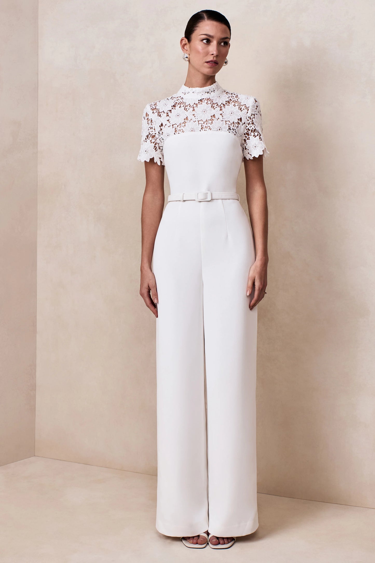 Liliana White High-Neck Jumpsuit With Lace Detailing