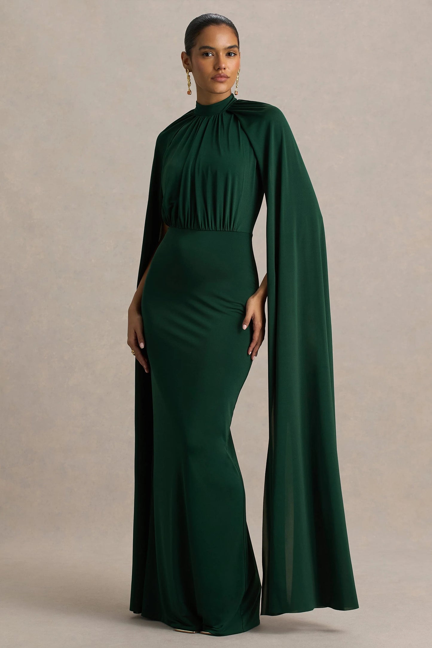 Darielle Bottle Green High-Neck Cape-Sleeve Maxi Dress