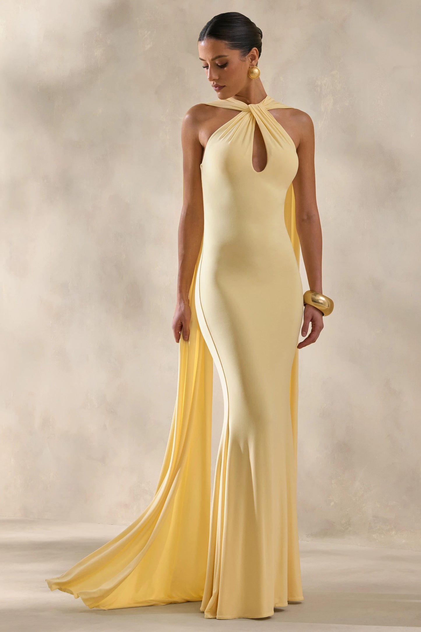 Rhoda Lemon Twist Halter-Neck Cape Maxi Dress