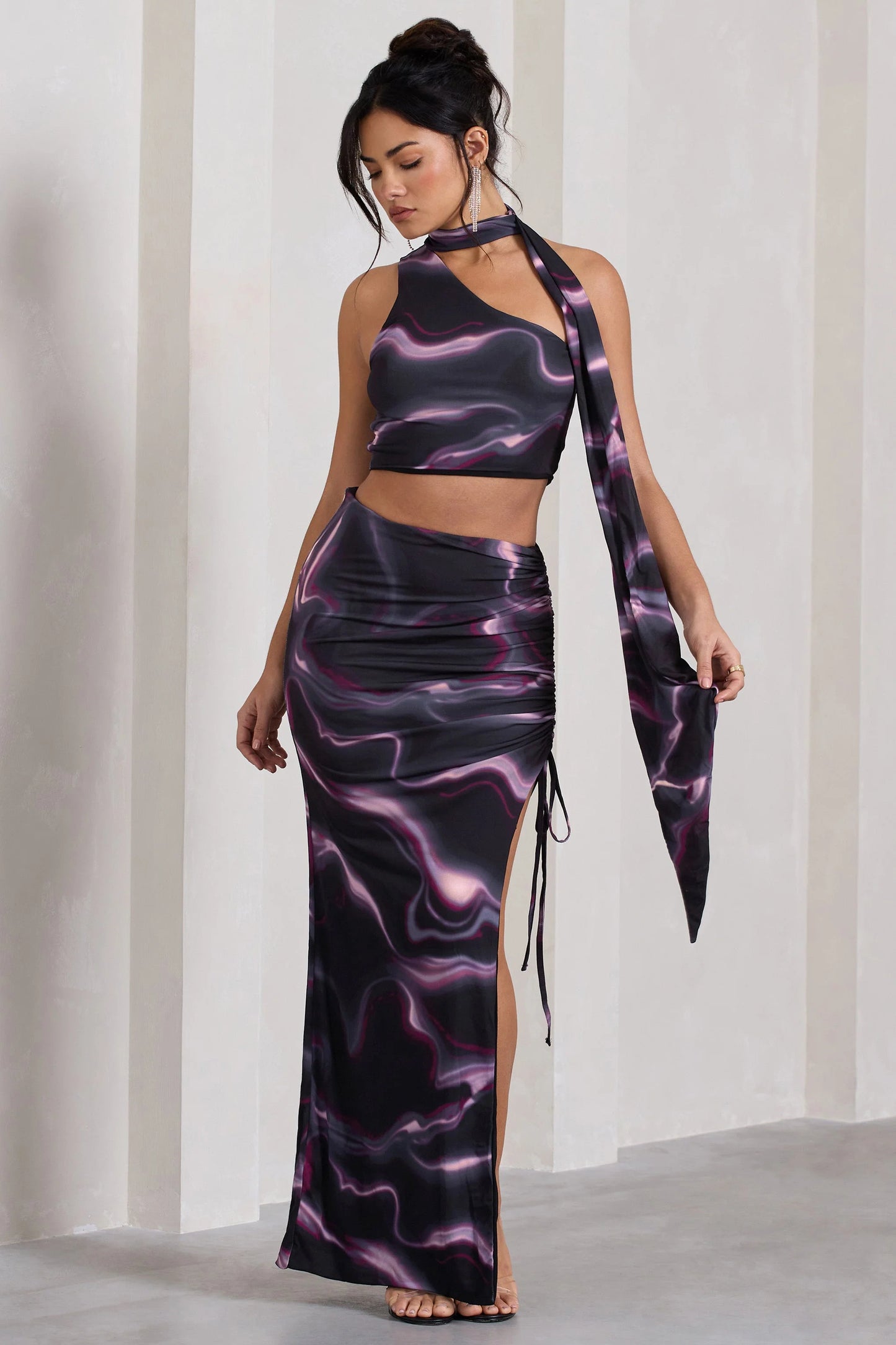 In The Air Black Printed Ruched Asymmetric High-Waisted Maxi Skirt