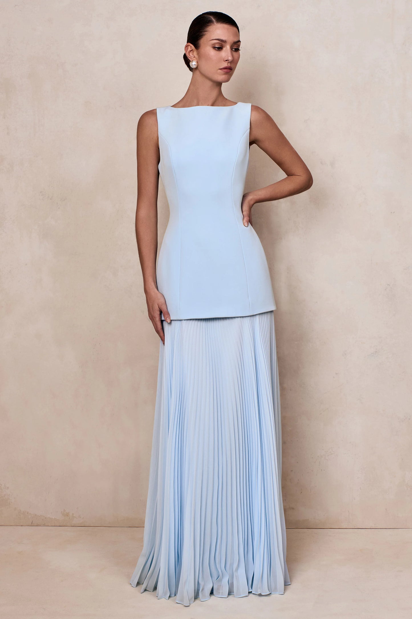 Hadley Powder Blue Boat-Neck Maxi Dress With Drop-Waist
