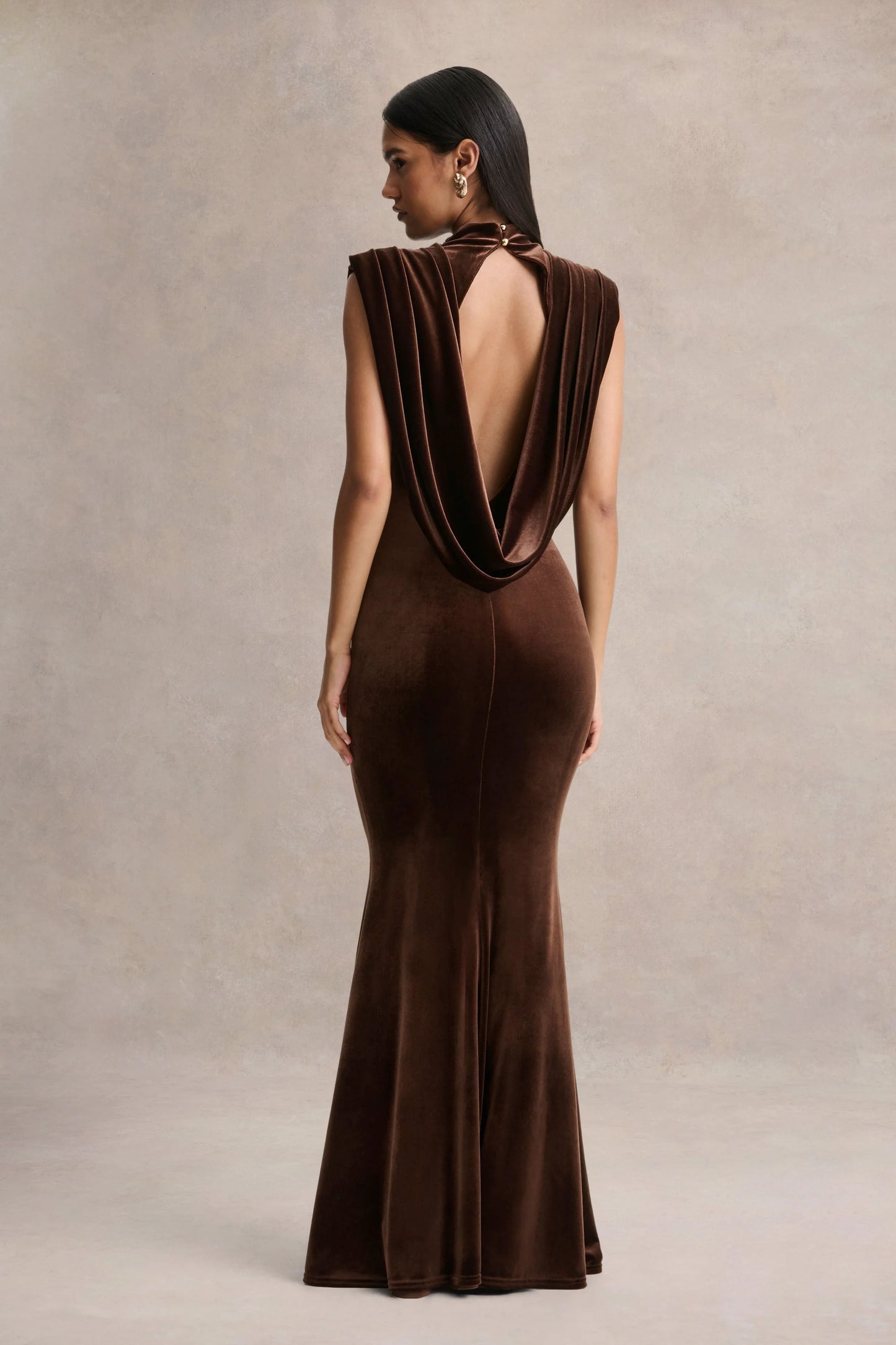 Malora Brown Velvet High-Neck Maxi Dress With Open-Back