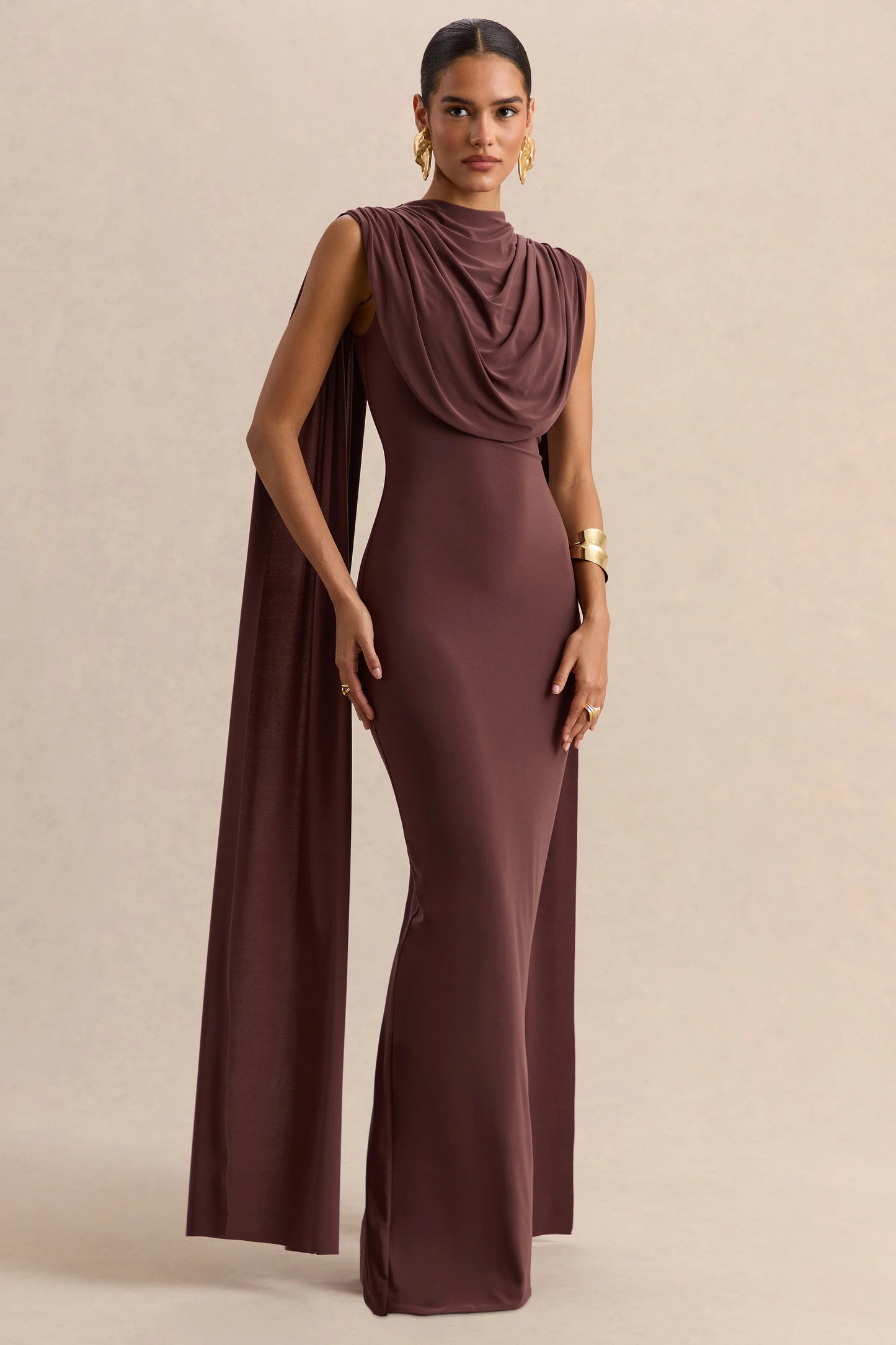 Patrina Brown High-Neck Maxi Dress With Draped-Detailing And Cape-Sleeves
