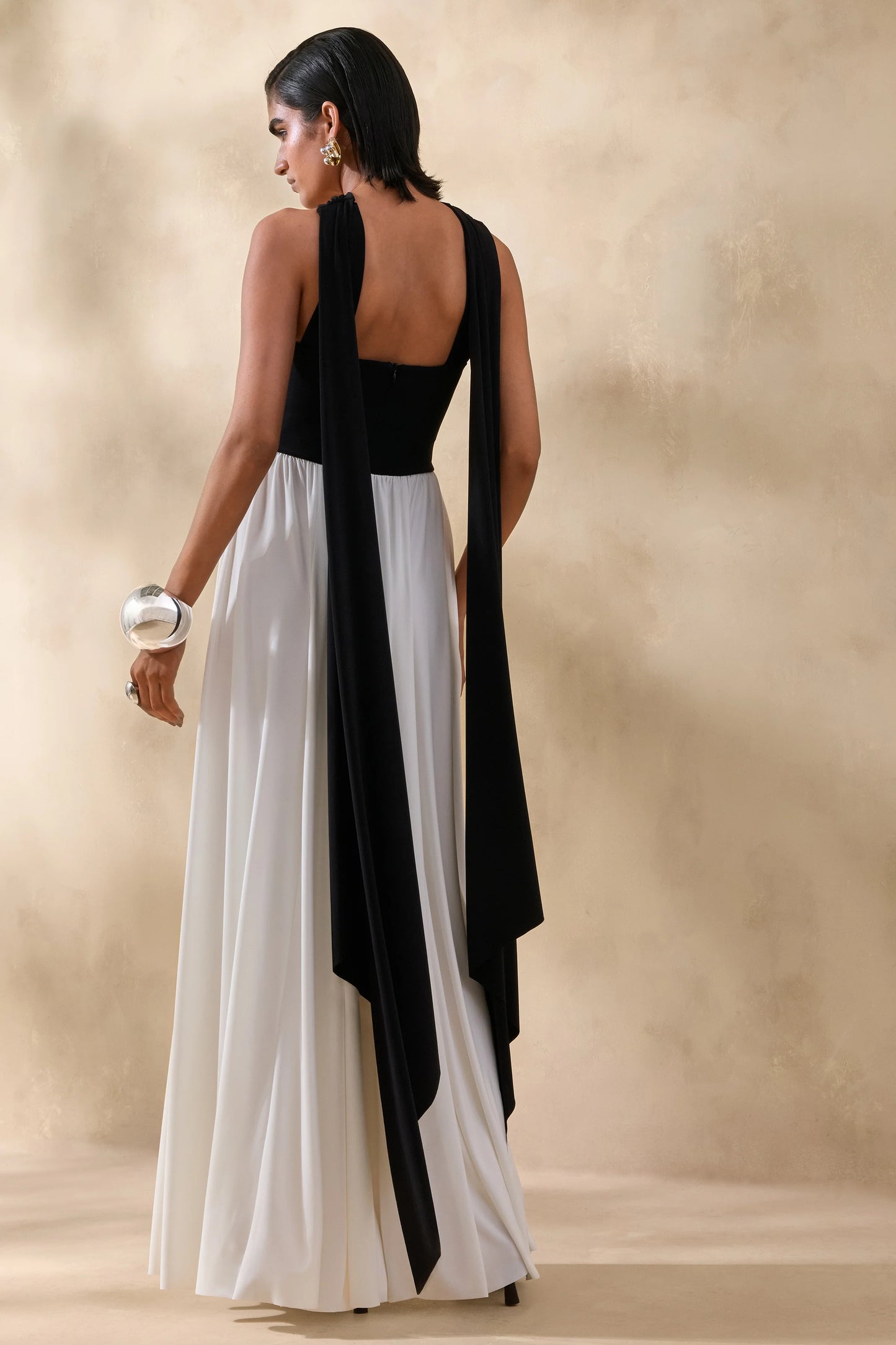 Beamora Black & White Bandeau Maxi Dress With Cape