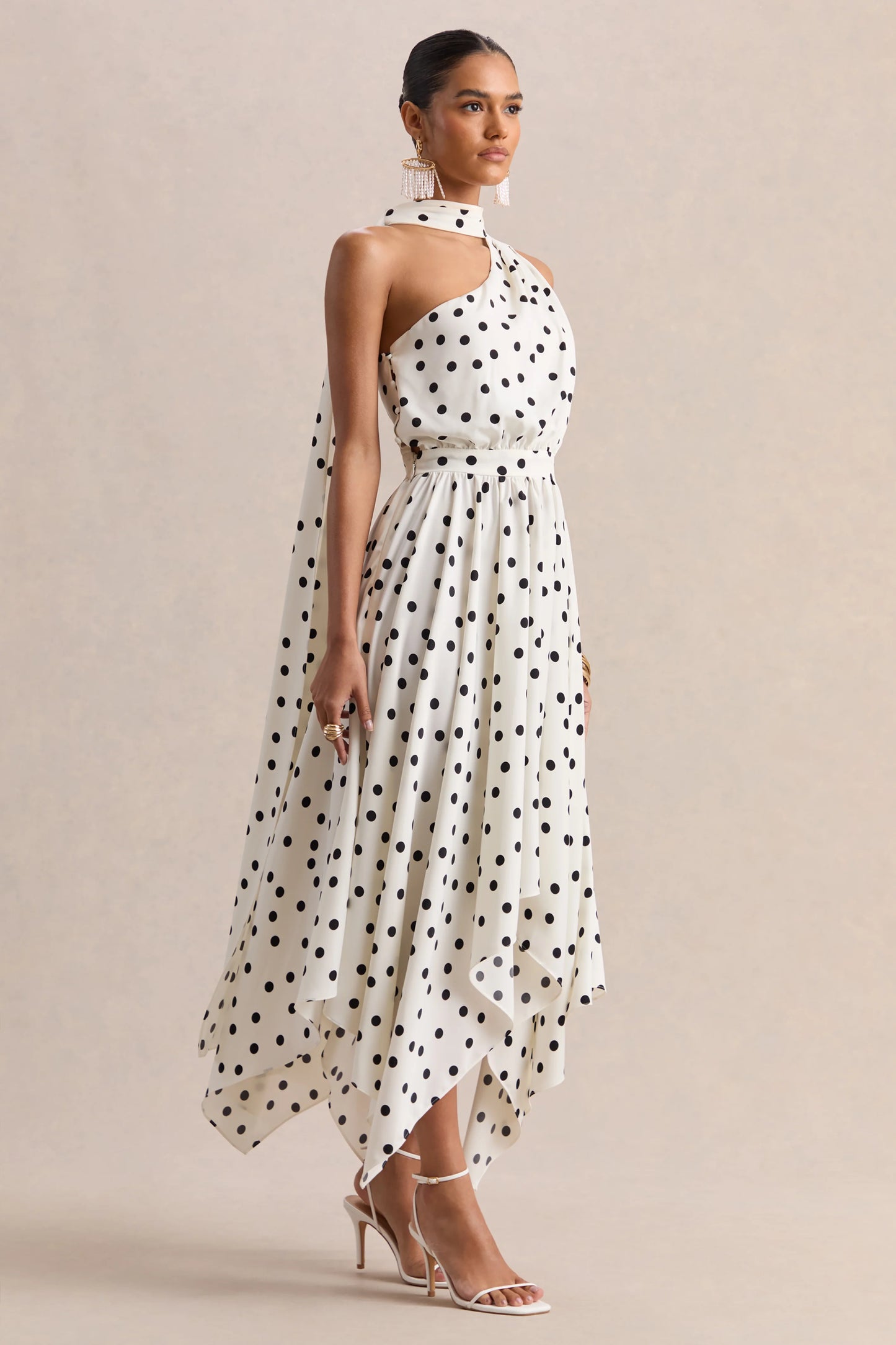Caluna White And Black Polka Dot Satin Asymmetric-Neck Midi Dress With Scarf-Detail