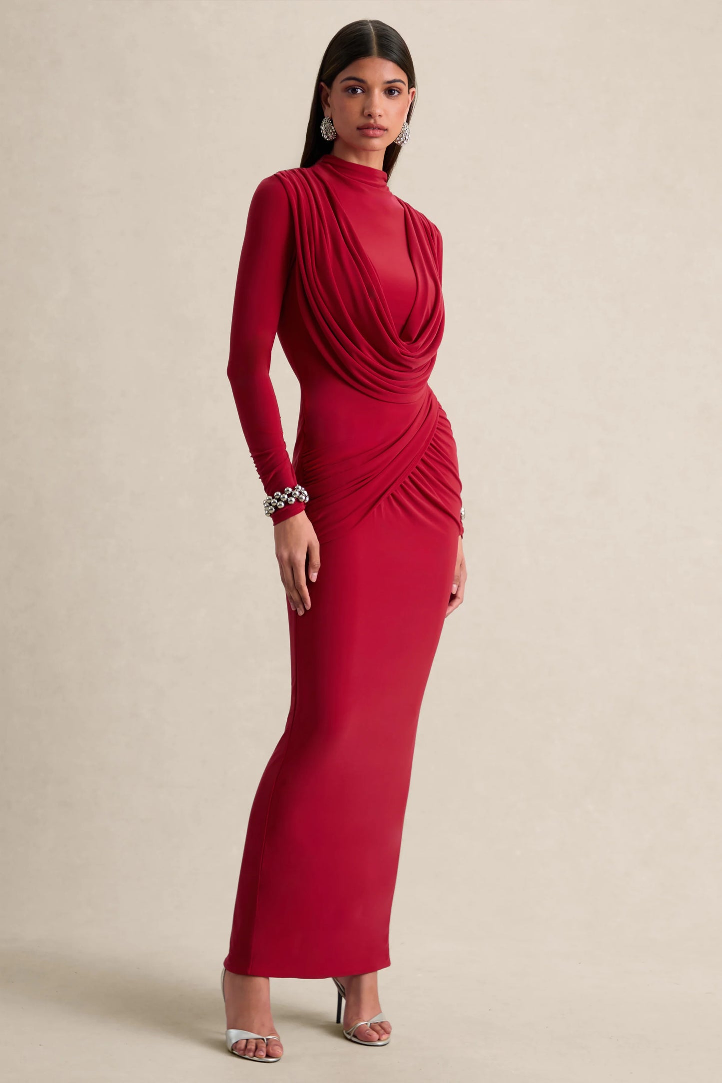 Karinthia Red High-Neck Maxi Dress With Draped-Detailing