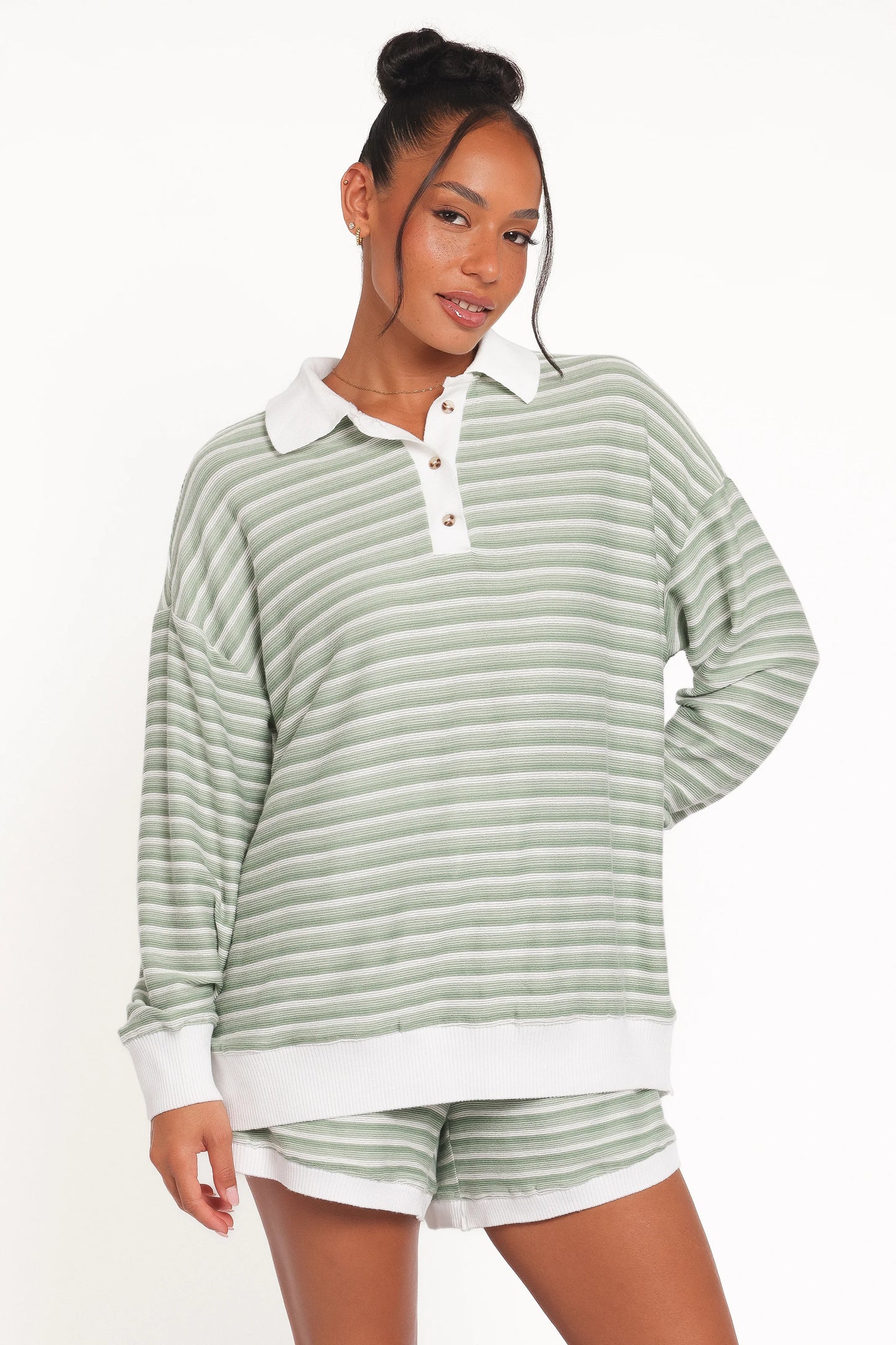 Dealia Knit Short Set - Sage Stripe