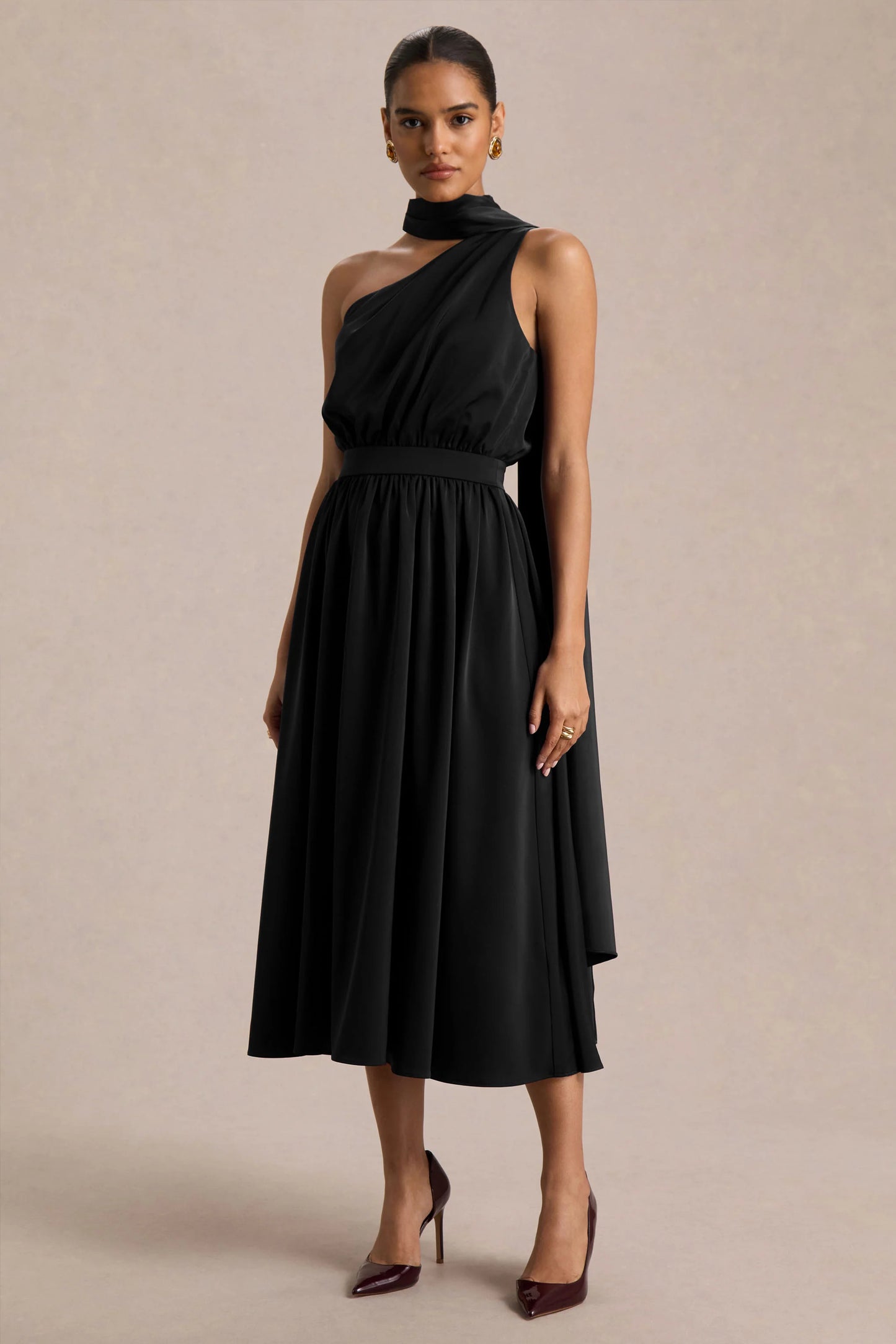 Caluna Black Satin Asymmetric-Neck Midi Dress With Scarf-Detail