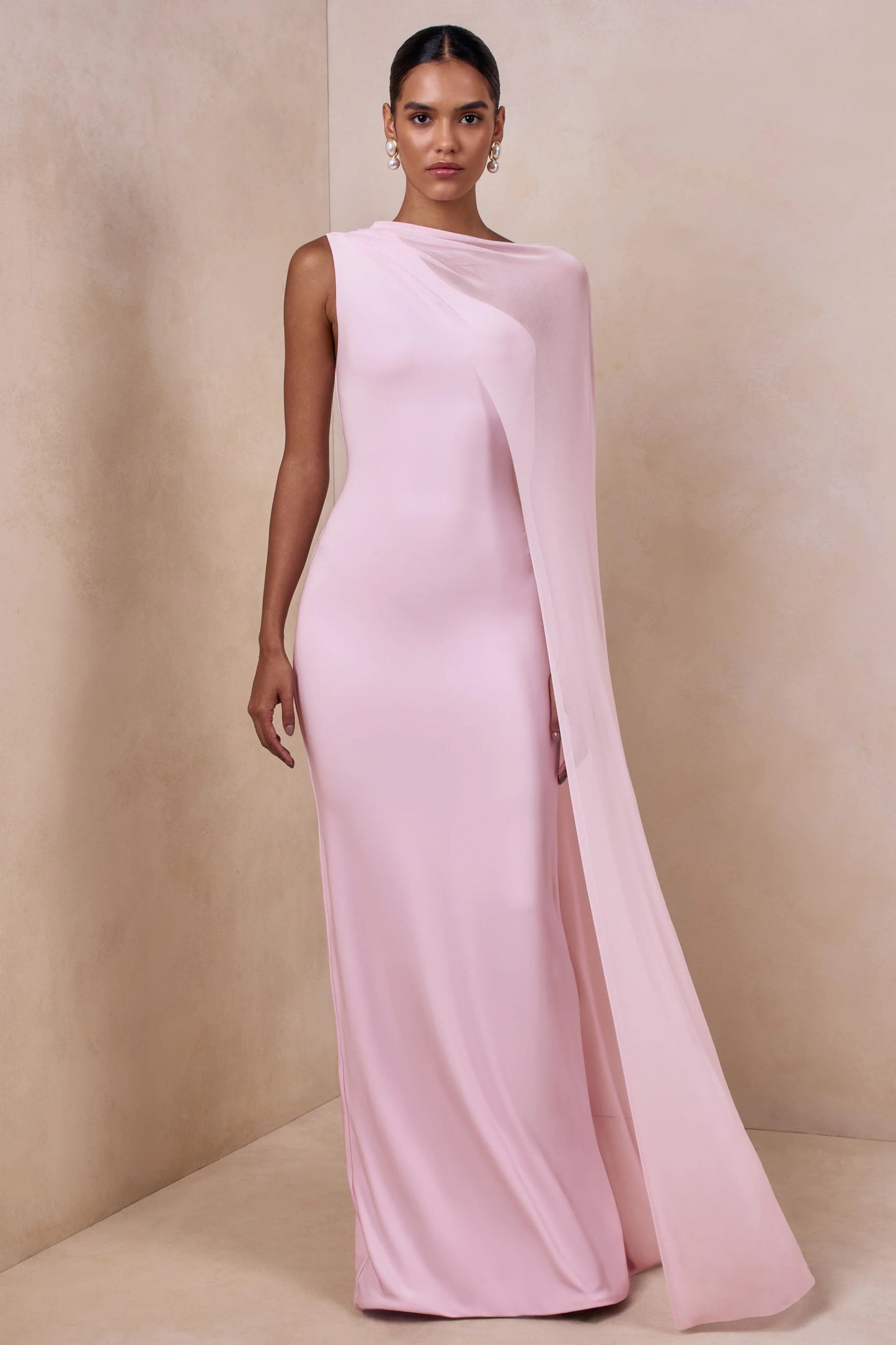 Mirelle Light Pink Boat-Neck Maxi Dress With Cape-Sleeve