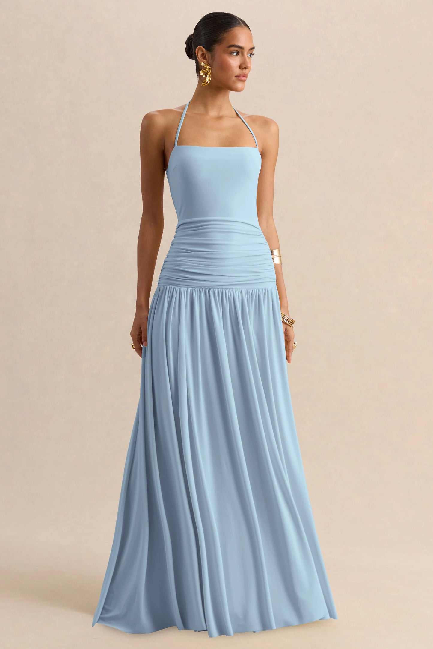 Nicolette Powder Blue Square-Neck Maxi Dress With Ruched-Detailing