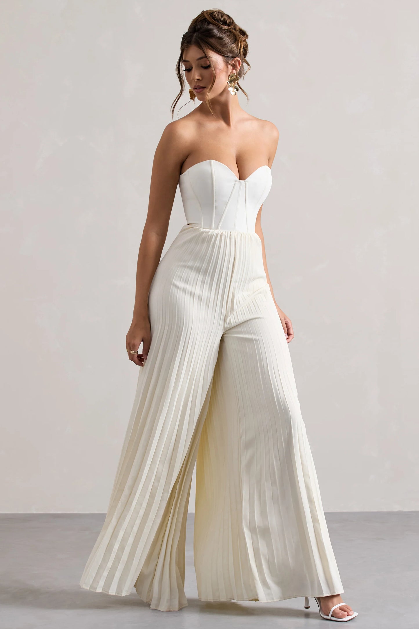 Lorelai Cream Corset Plisse Wide-Leg Jumpsuit