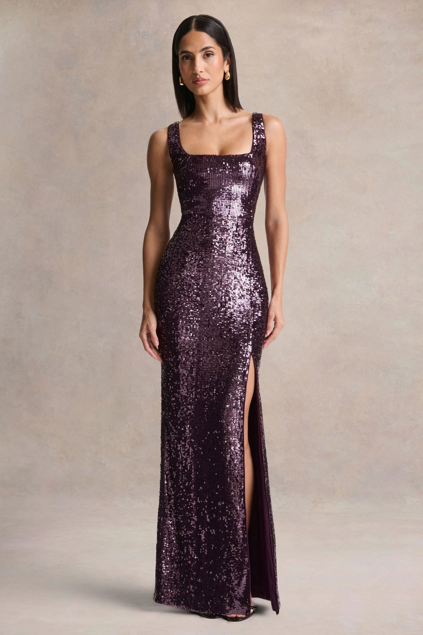 High Life Plum Sequin Square-Neck Maxi Dress With Front-High Split